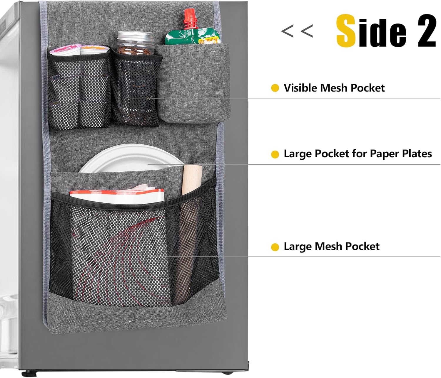 Rexmica Mini Fridge Organizer, Dust Cover with 14 Pockets for Most Household Refrigerators, Hanging Mini Fridge Caddy Organizer Storage Bag for Dorm, Office, Kitchen, Home, School, Gray