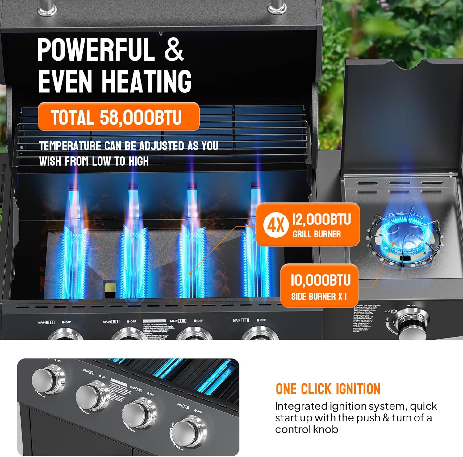 Stainless Steel 4-Burner Propane Gas Grill with Side Burner