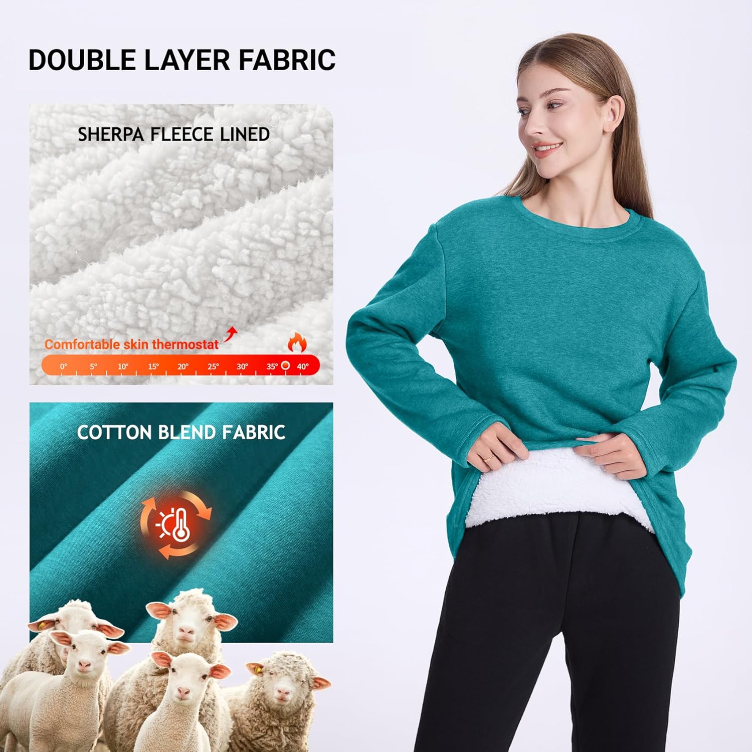 PEHMEA Women's Warm Sherpa Lined Fleece Pullover Winter Crewneck Sweatshirt Loungewear Tunic Tops - Image 3