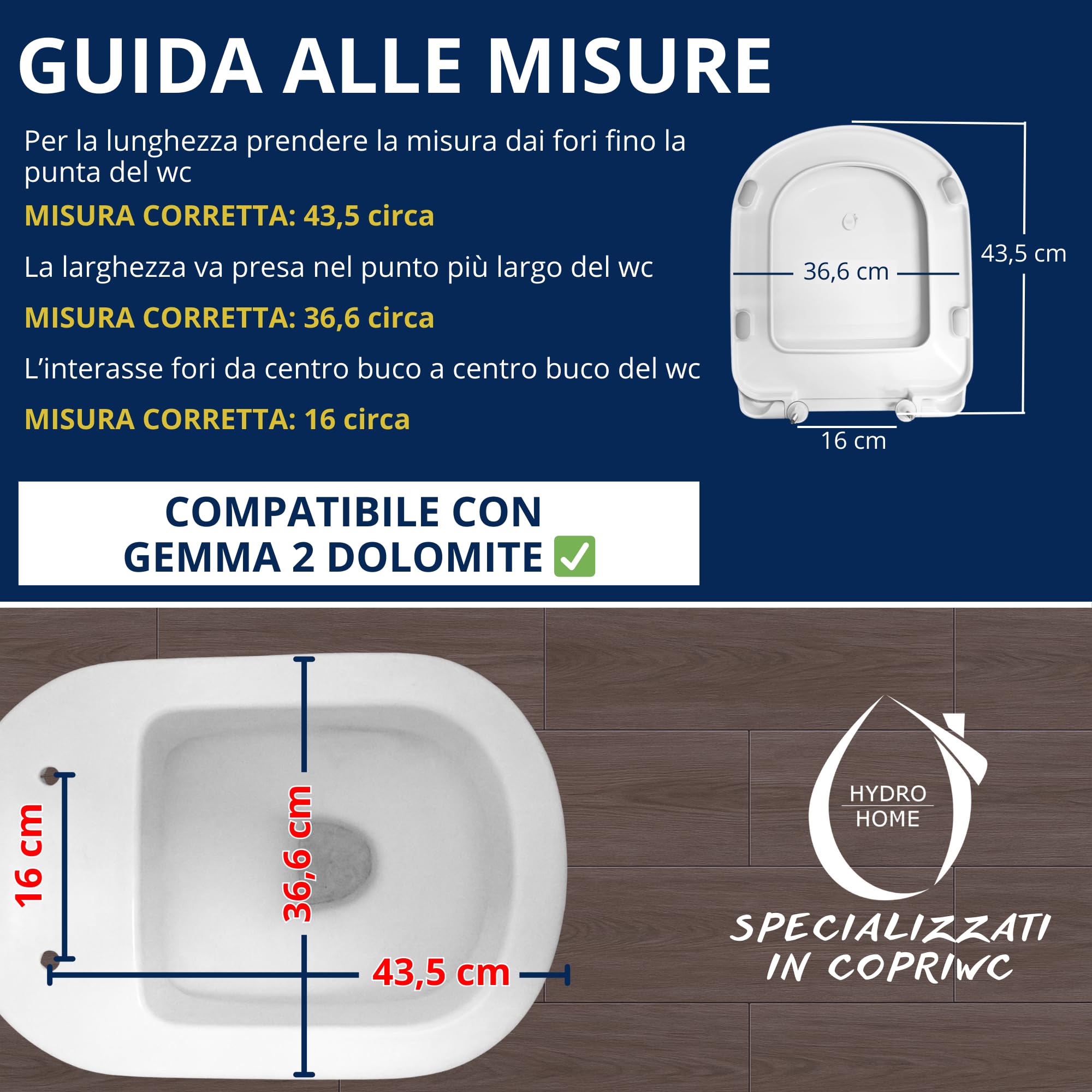 HYDRO HOME Copriwater Compatibile con Dolomite Gemma 2, Tavoletta WC Termoindurente Antibatterica,Sedile WC robusto, Cerniere Fisse in Acciaio Inox, Montaggio rapido,Imballaggio AntiUrto, Bianco