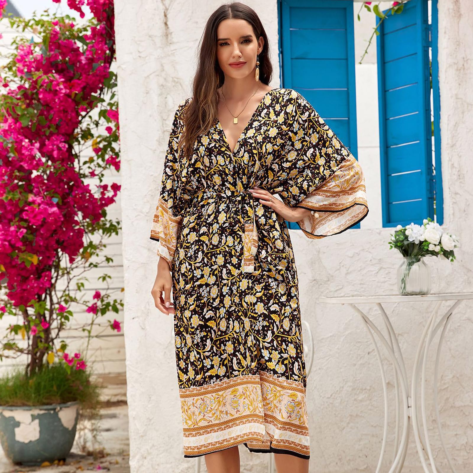 Cárdigan tipo kimono para mujer, con parte delantera abierta, para playa, vacaciones, traje de baño con protección solar, vestido de chal con cinturón