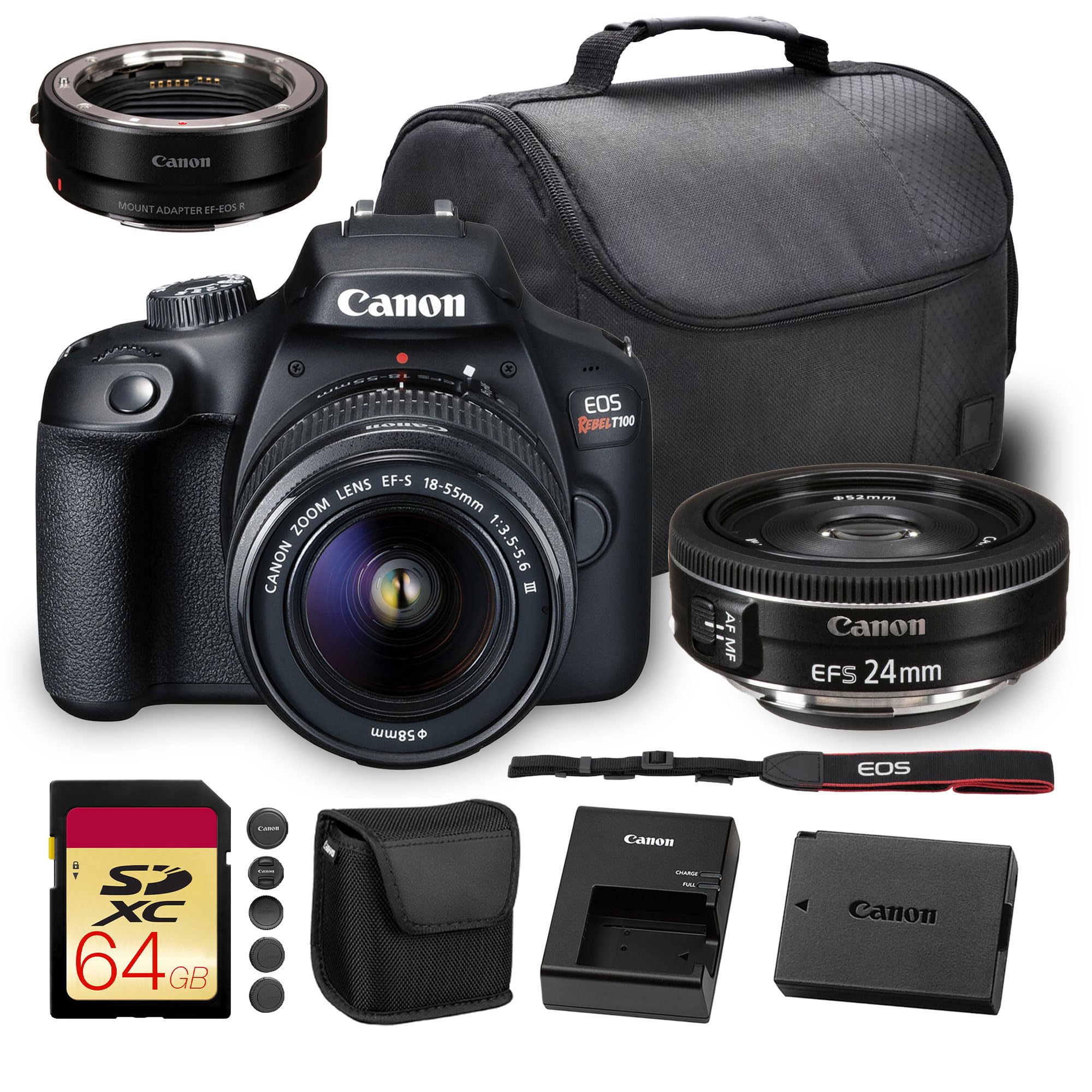 Canon EOS Rebel T100 DSLR Camera with 18-55mm Lens| 18MP APS-C Sensor, Built-In Wi-Fi & Full HD Video| For Beginners, Travel & Everyday Shooting(2628C029) + EF-S 24mm f/2.8 STM Lens + 64GB Card + More