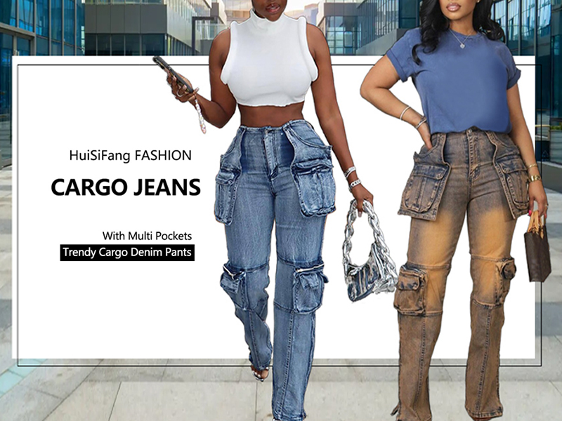 Women's Dressy Casual Slim Fit Cargo Jeans Zip Side Slit Denim