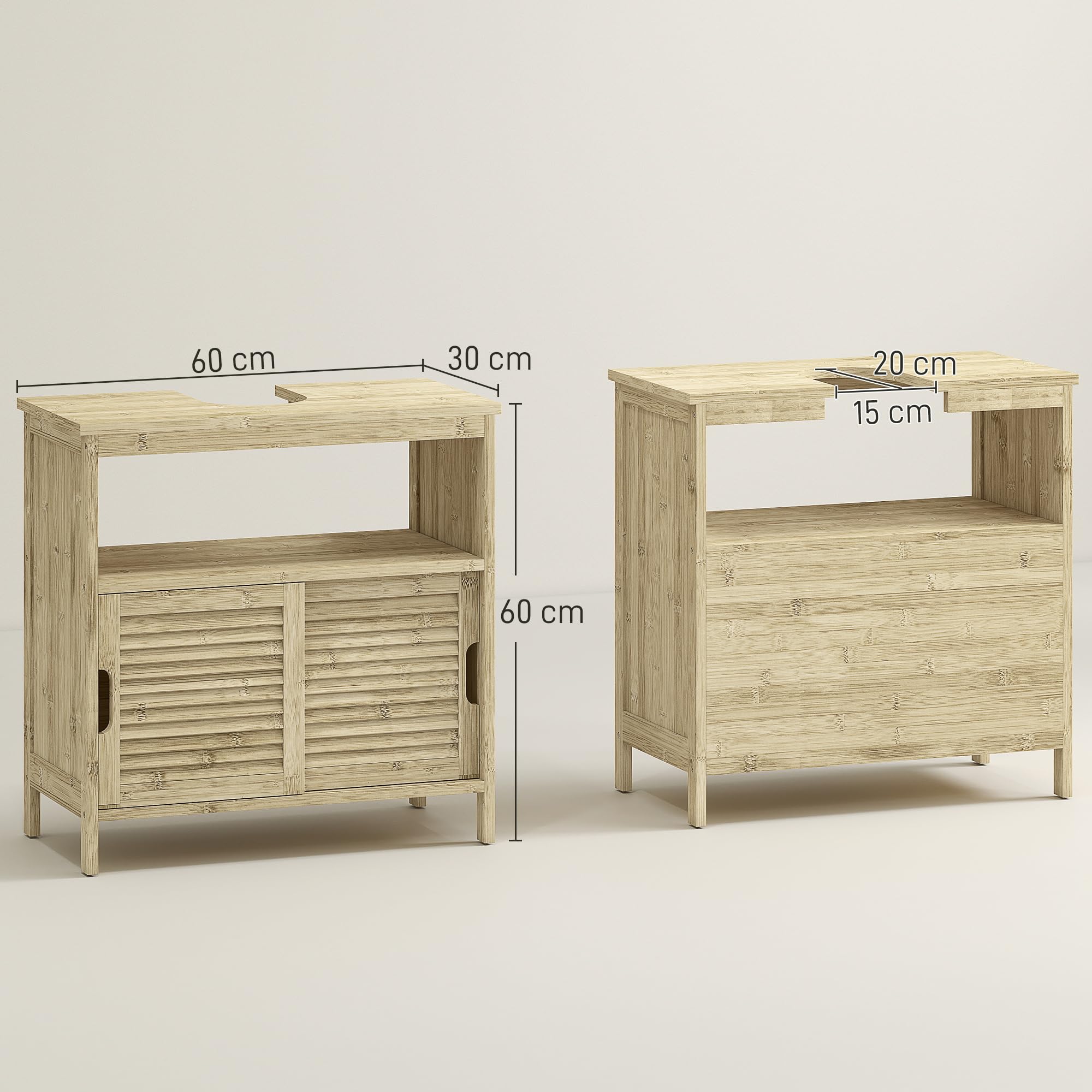 HOMCOM Mueble Bajo Lavabo de Bambú, Armario Debajo de Lavabo con Puertas Correderas de Lamas, Compartimento Abierto, Estilo Moderno, 60x30x60 cm, Natural