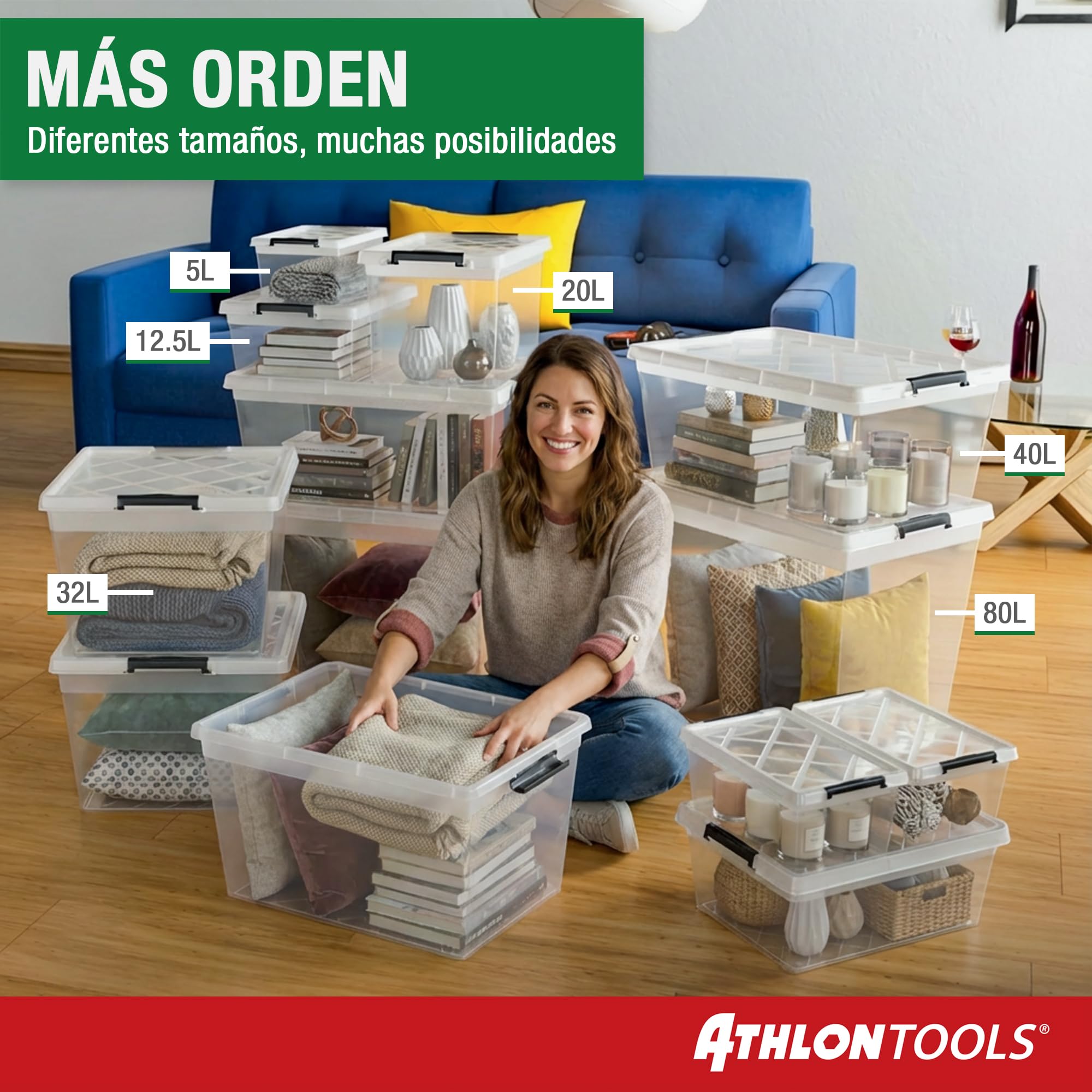 ATHLON TOOLS 4 cajas de almacenamiento de 12.5 L con tapa, aptas para alimentos, clips de cierre, caja de plástico 100% transparente, cajas de ropa apilables