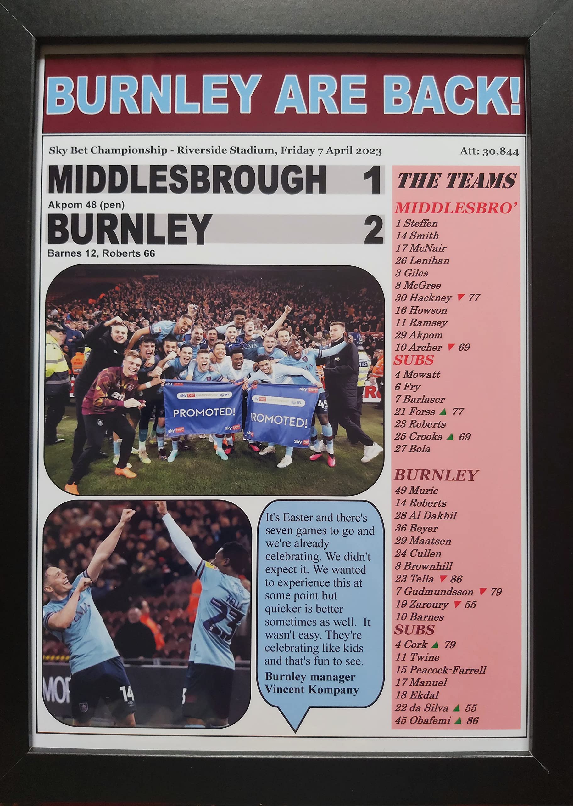 Middlesbrough 1 Burnley 2-2023 Championship - Burnley promoted - framed print