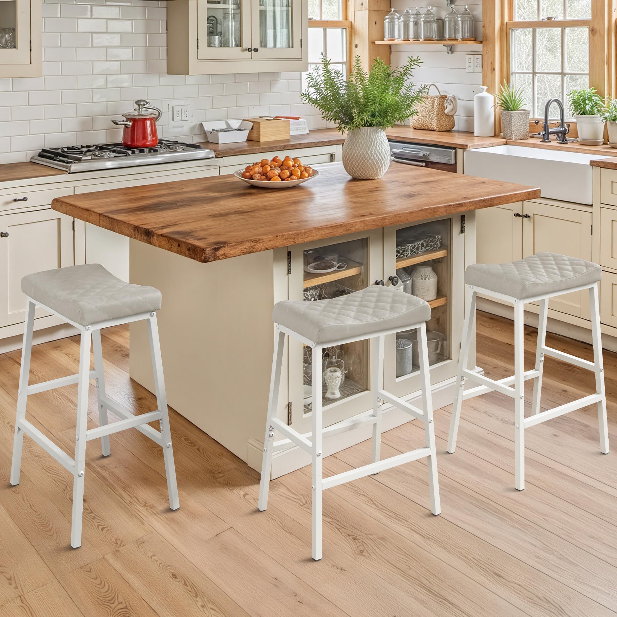 Counter Height Bar Stools Set of 3, Barstools with Thick PU Leather Saddle Seat & White Metal Legs,24Inch Kitchen Counter Stools,Light Beige Grey