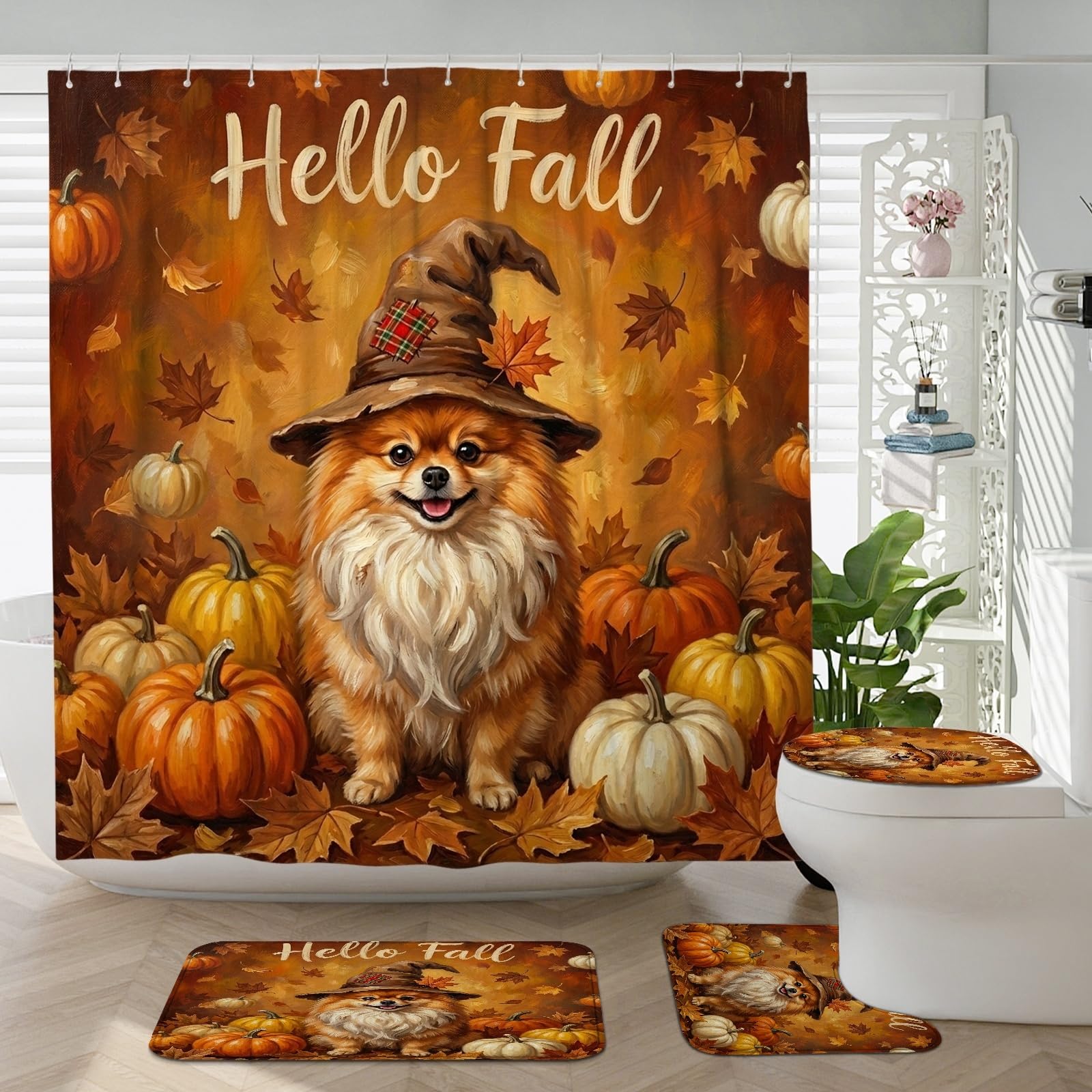 Ensemble rideau de douche et tapis automne spitz pour une décoration de bain cocooning