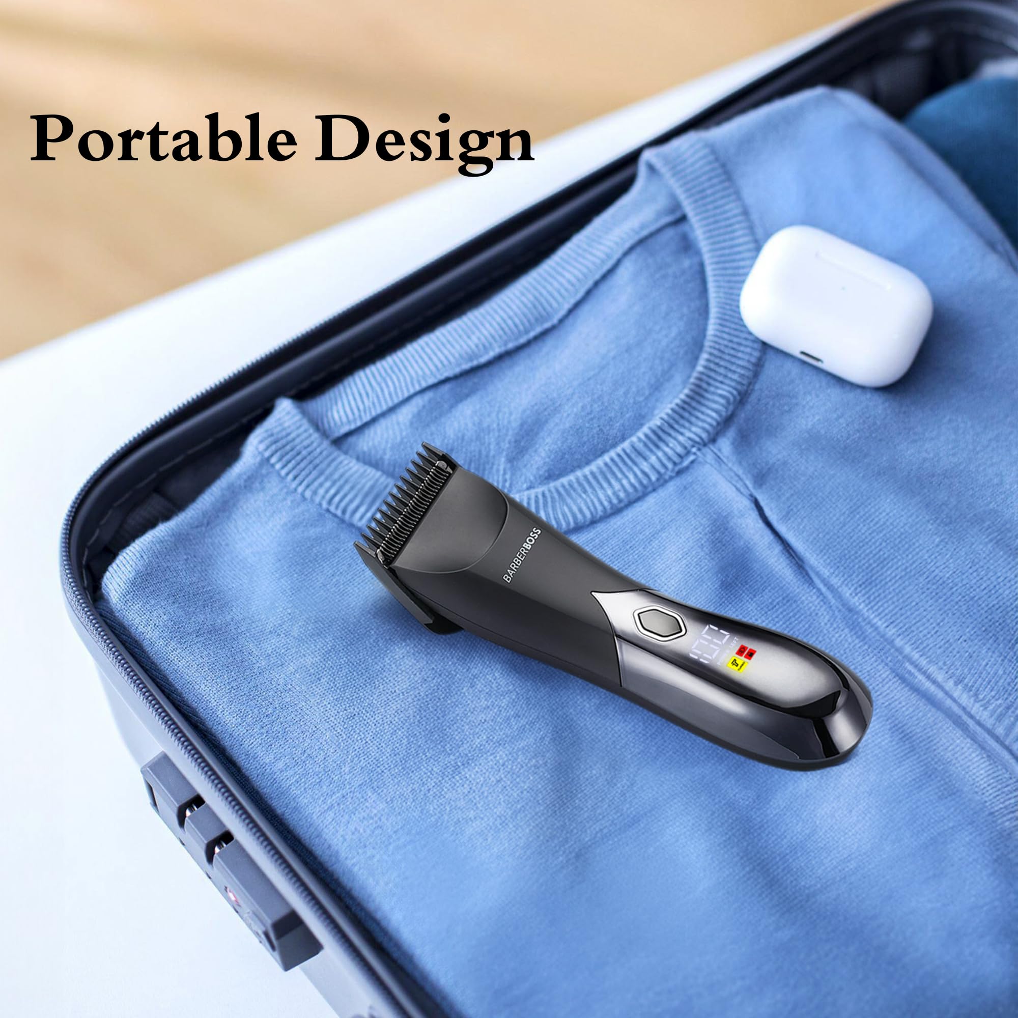 BarberBoss Regolabarba Uomo, Rasoio Elettrico Wet/Dry per Petto, Inguine e Intimo, Design Impermeabile con Doppia Velocità, Blocco da Viaggio e Base di Ricarica