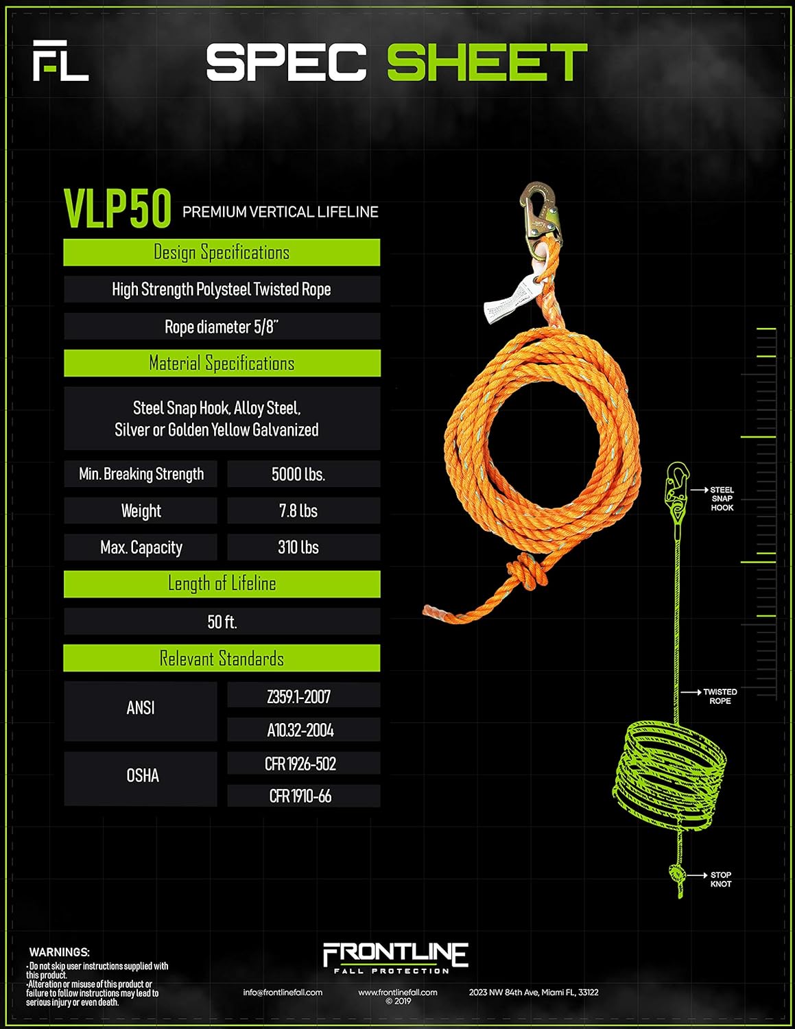 Frontline VLP50 Vertical Lifeline with Snap Hook 50' | 5/8'' Diameter Polysteel Twisted Rope | ANSI & OSHA Compliant | Roofing & Scaffolding - - 