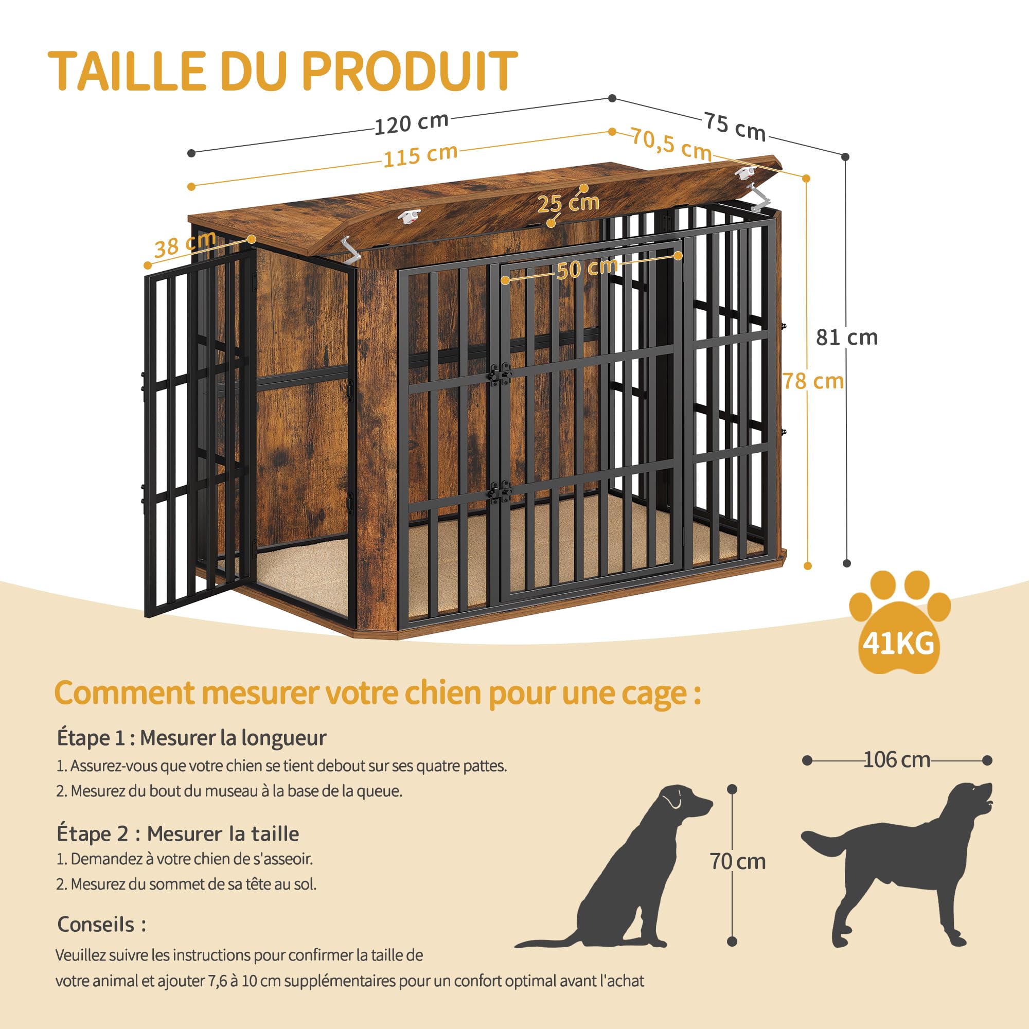 Hzuaneri Cage pour Chien, Heavy Cage en Bois avec Porte d'alimentation Supérieure, Design Multi-Portes, Grande Table d'appoint pour Cages pour Chien, 120 x 75 x 81 cm, Marron Rustique DFC86801B