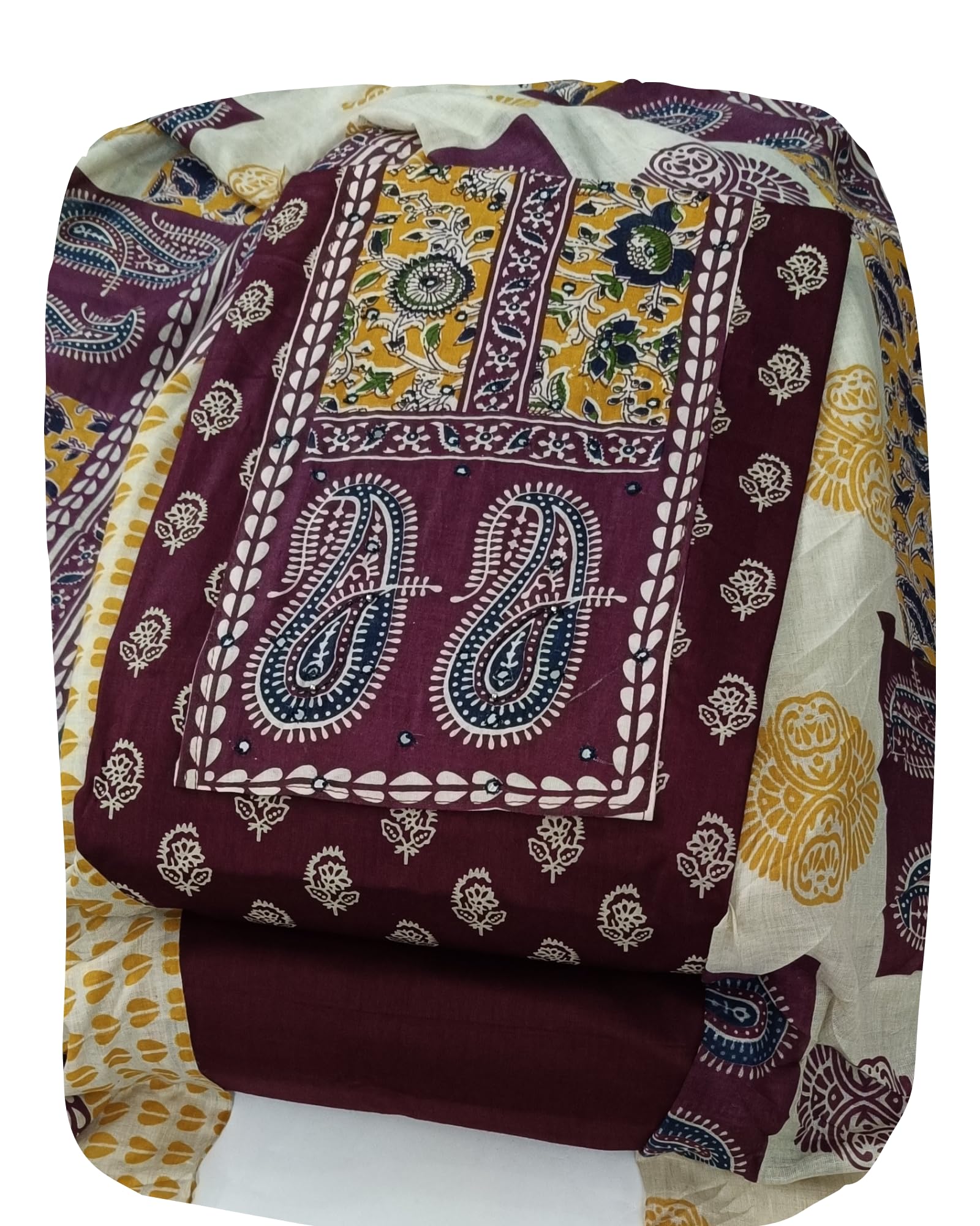 Women's Unstitched Cambric Cotton Dress Material Salwar Suit Set with Dupatta | Geometric Batik Print & Embellished Neckline (Multicolor)-image-6