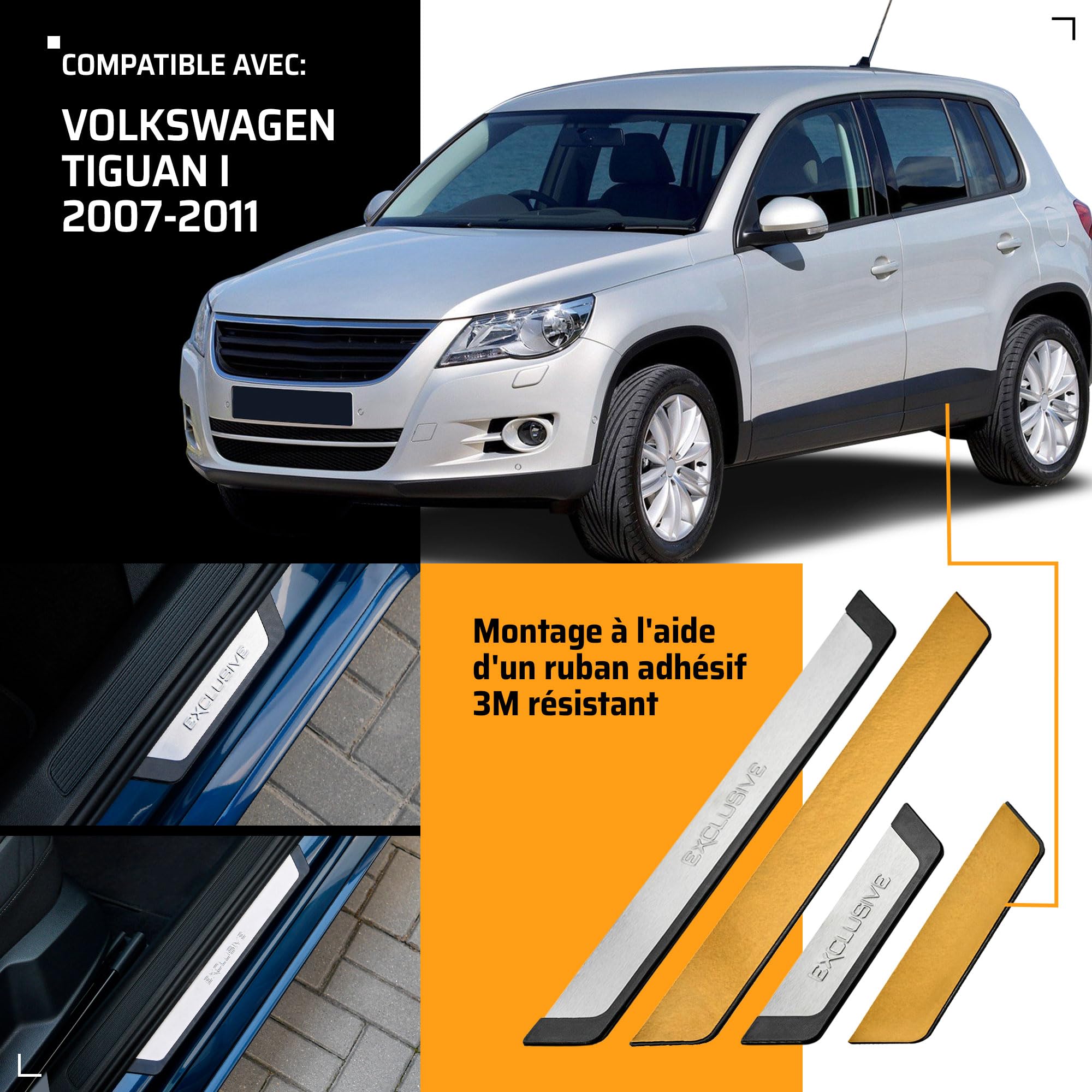 CHROMEMASTER - Compatible avec VW Tiguan I 2007-2011 | Protection de Seuil de Porte de Voiture | Bandes pour Seuils de Voiture | Protégez les Seuils de Portes de Votre Voiture Contre les Dommages