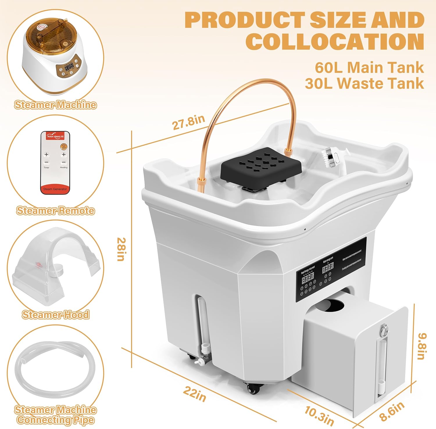 Head Spa Equipment with 60L Water Storage Tank and Waste Bucket, Warm Steam Function & All-in-One Design for Scalp Care and Relaxation-White