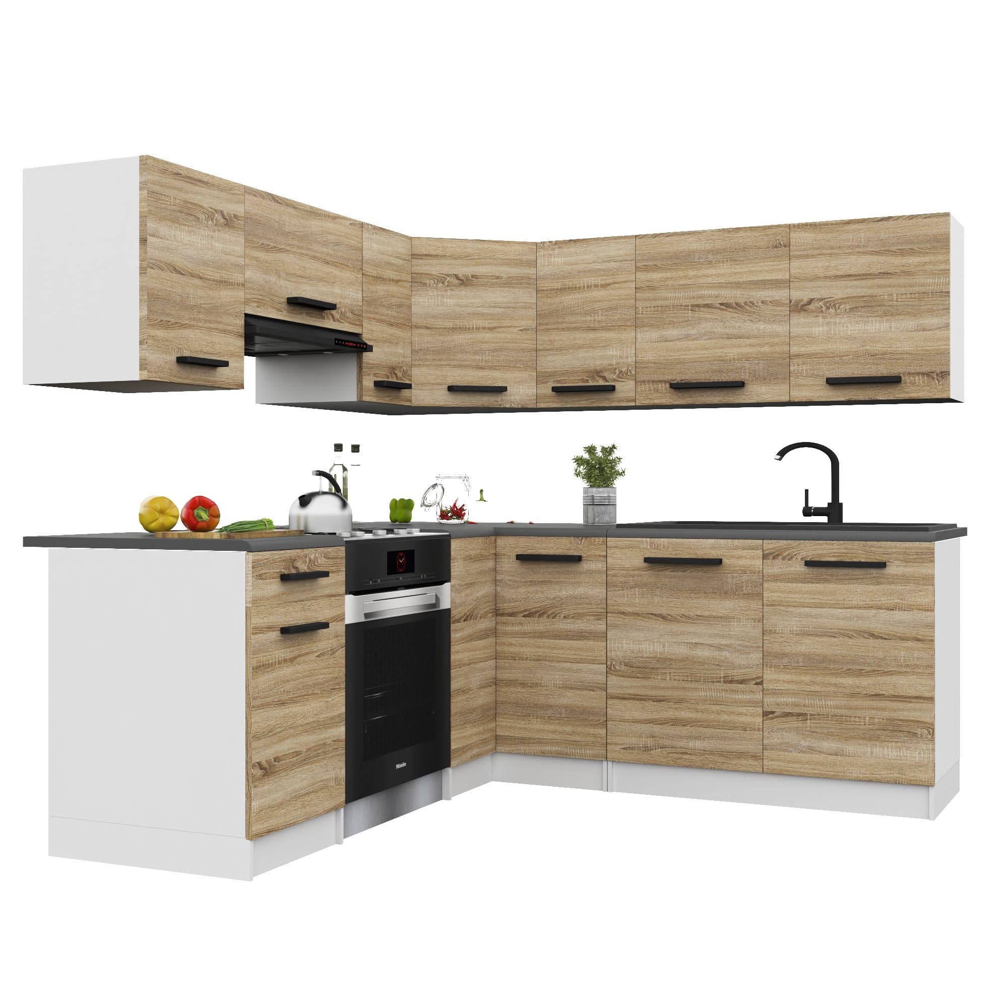 Belini Italia 6 Meuble Cuisine d'angle 360cm Chêne Sonoma | Cuisine complète, meubles hauts et bas inclus, montage facile