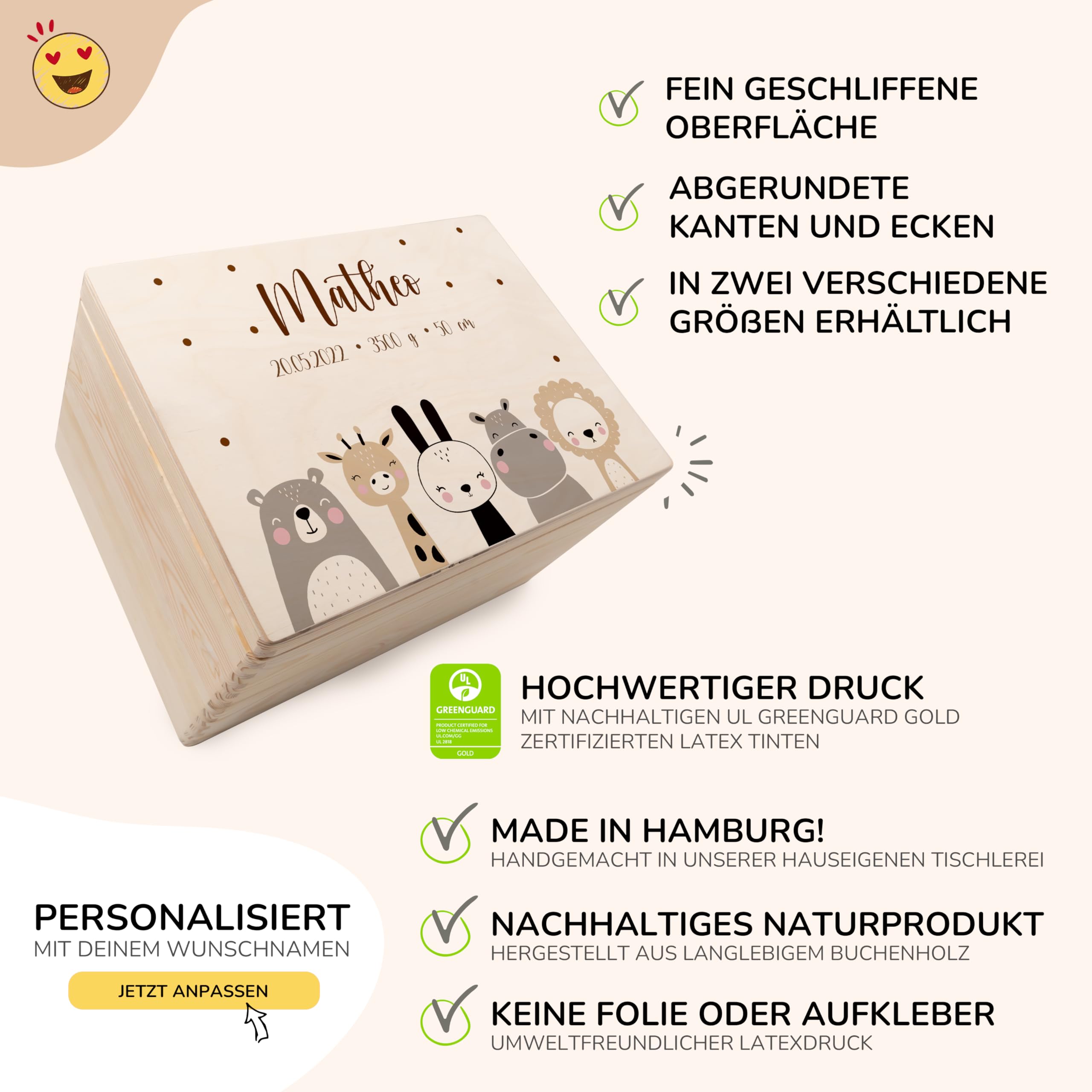 KIDSMOOD - Erinnerungsbox Baby, personalisierte Holzkiste mit Deckel, Ideal zur Aufbewahrung von Erinnerungen und als Geschenk zur Geburt, Taufe oder als Geburtstagsgeschenk für Mädchen und Jungen