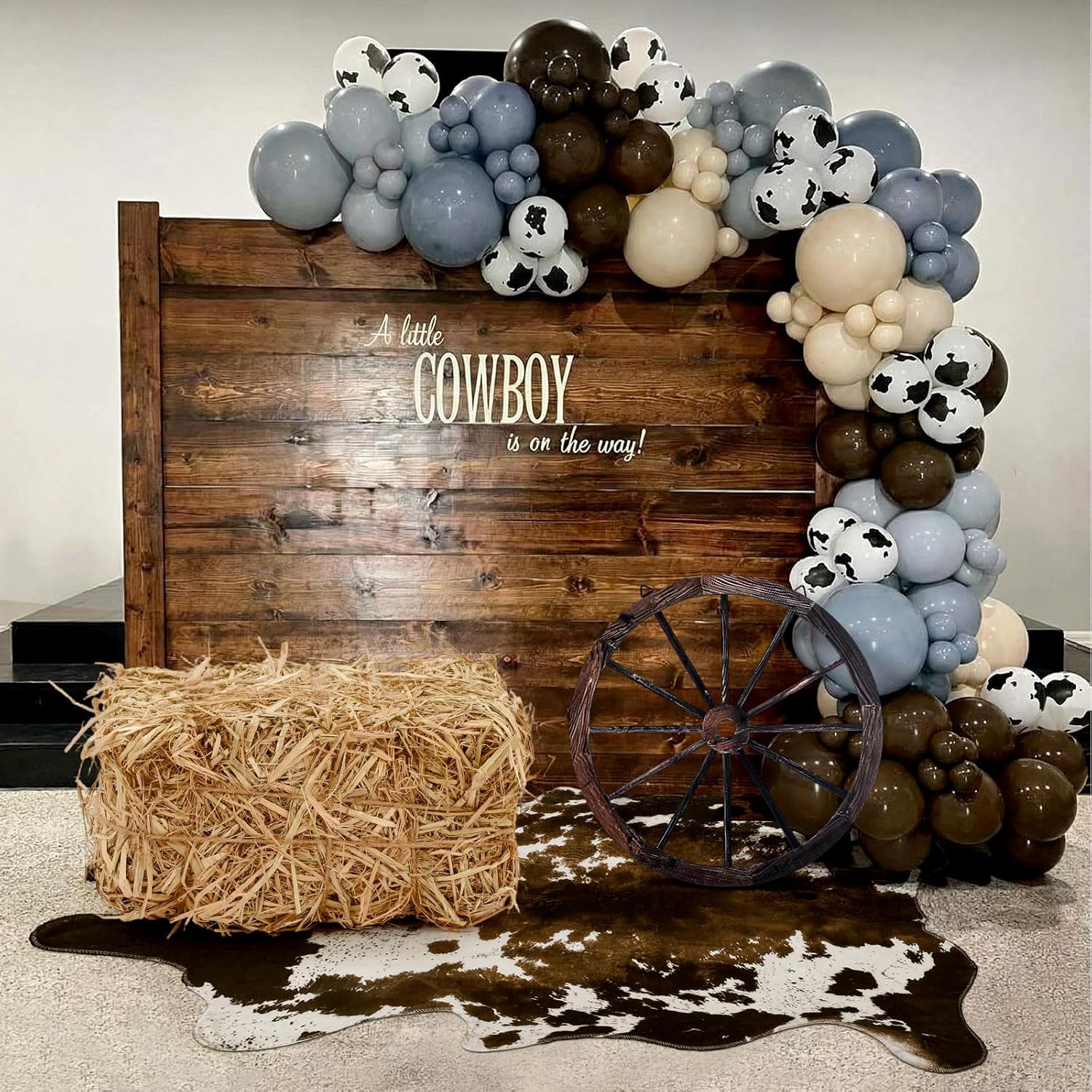 Hoteam 3 Pcs Western Cowboy Party Decor Straw Hay Bale Stack Wooden Wagon Wheel Cowhide Rug Wild West Cowboy Backdrop Supplies for Western Birthday Photo Booth Props Cowgirl Farm Accessories