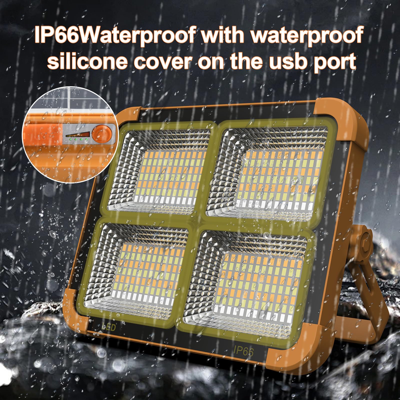 Luz solar LED portátil de trabajo de 100 W, 16500 mAh, 10000 lm, con brillo continuo, batería recargable para el lugar de trabajo, luz de emergencia para huracanes (naranja (remoto))