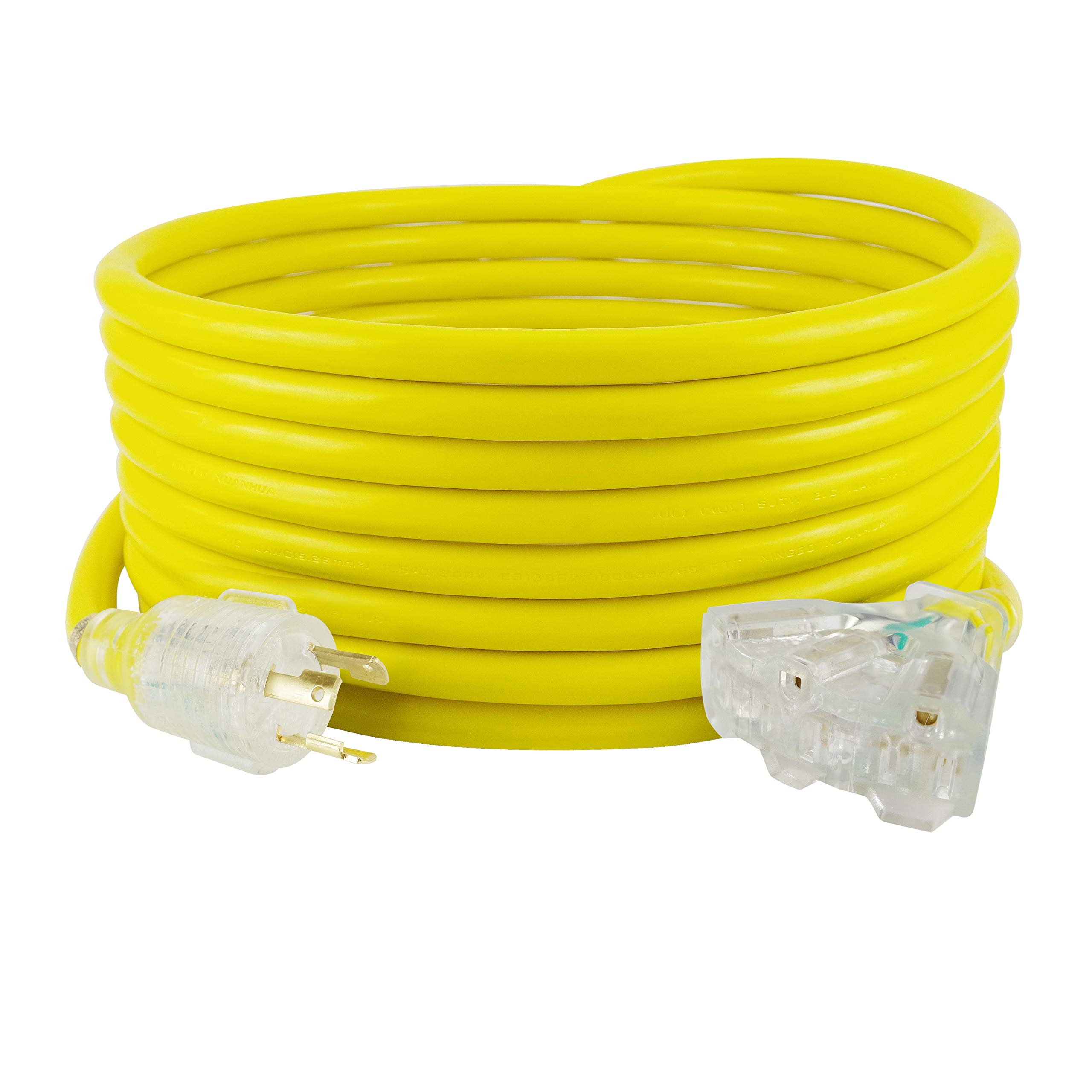 25FT 3 Prong NEMA L5-30P to Three 5-15R Generator Power Extension Cord, Heavy Duty 30A SJTW 10AWG3C Wires, Yellow…