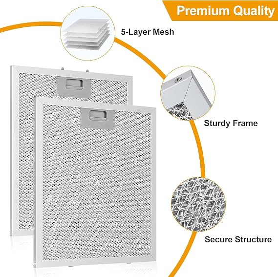2 Pack 5-Layer Aluminium Cooker Hood Filter, 320x260mm, Metal Grease Filter Aluminum Mesh Hood Vent Filter Replacement Compatible with Many Leading Range Hoods