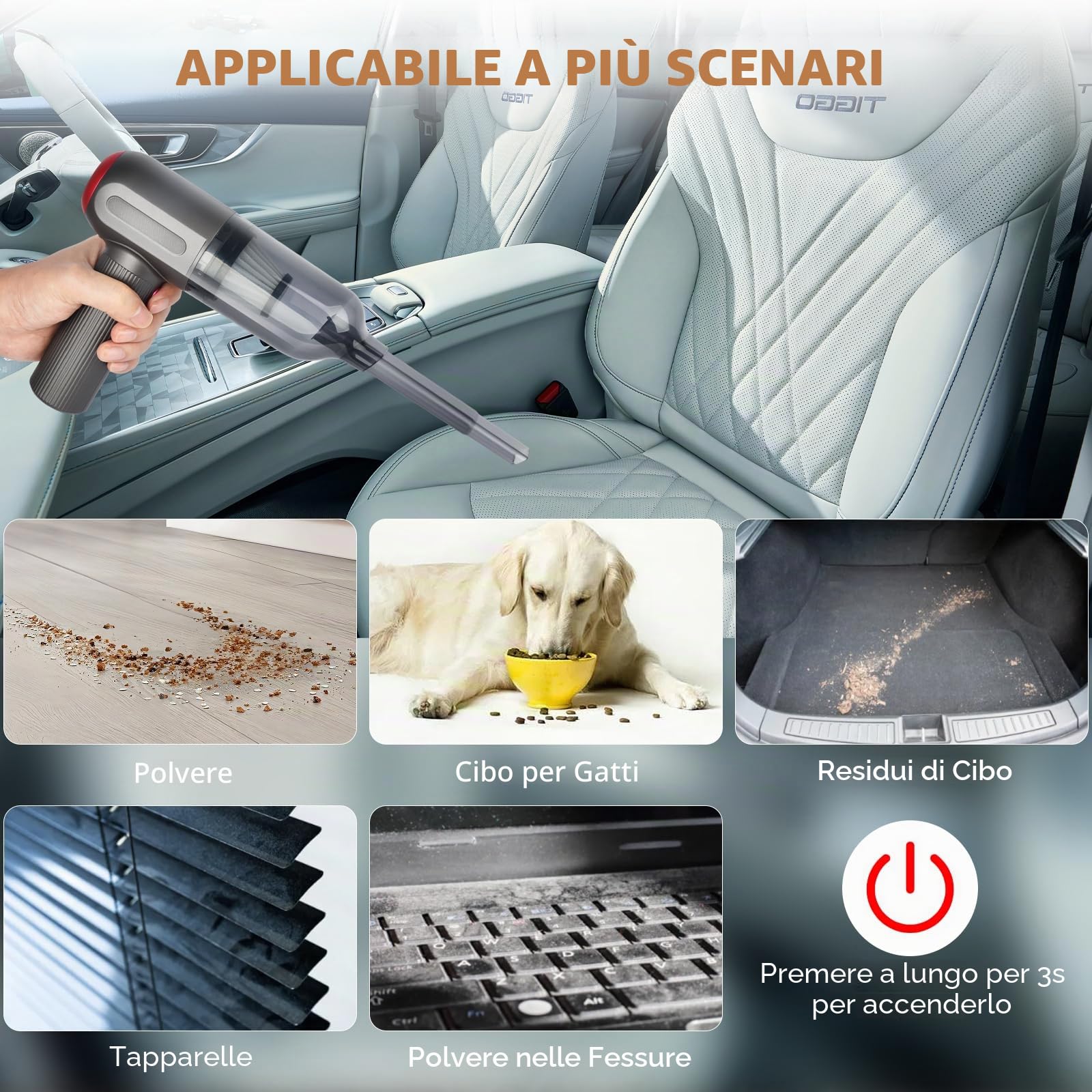 Tiazhan Aspirapolvere manuale, 9000 Pa, potente aspirapolvere a mano, 4 in 1, leggero soffiatore di polvere e aspirapolvere, display a LED, mini aspirapolvere ricaricabile USB, per auto (Grigio)