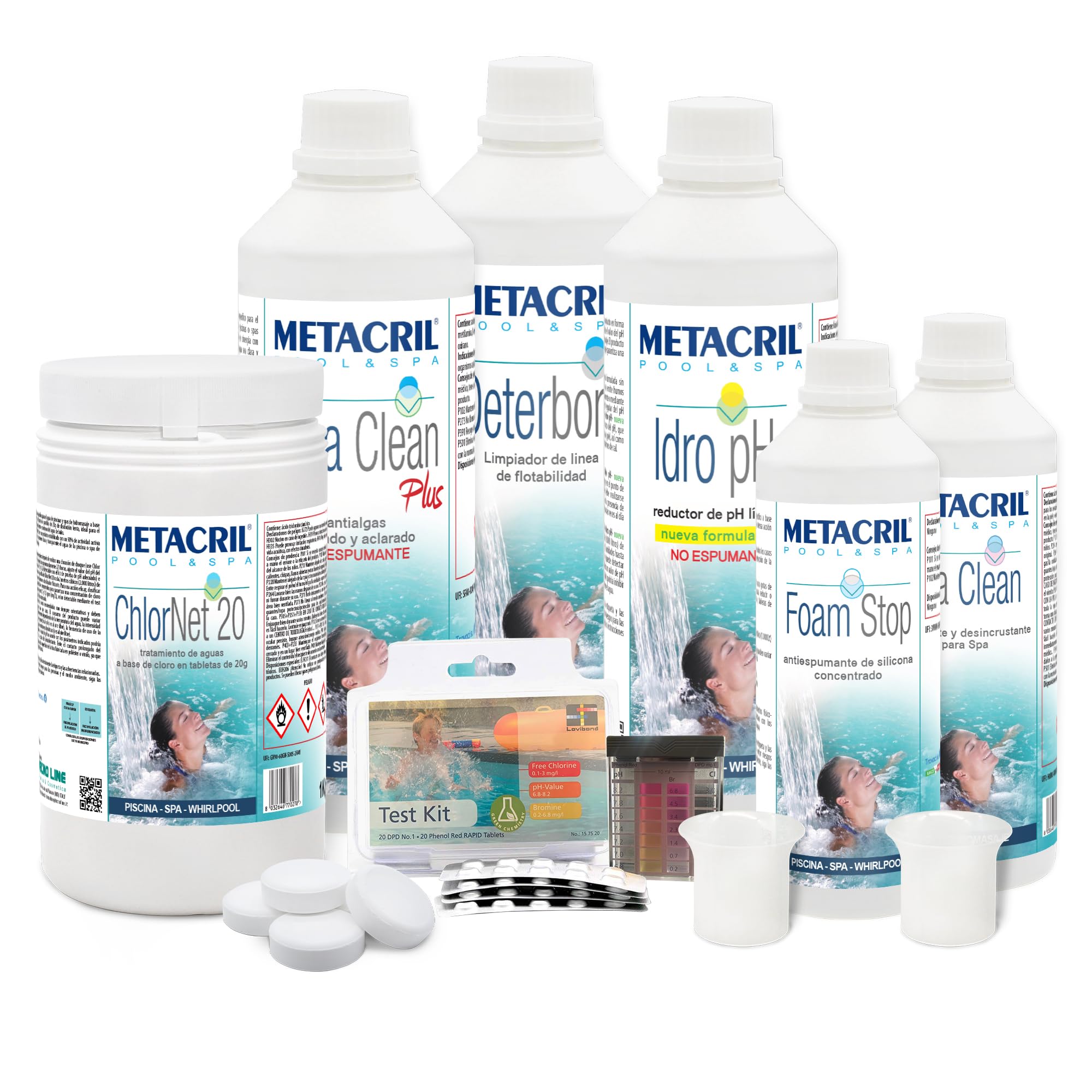 Metacril KIT CHLOR SPA PRO, prodotti specifici x Spa Idromassaggio - 5KG | Set per il Trattamento Acqua di Piscina e Spa di Tutte le Marche a base di Cloro a lenta dissoluzione in pastiglie da 20 gr