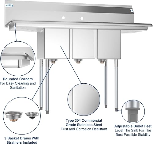 Vista 4 de KoolMore - SC101410-12B3 Fregadero de cocina comercial NSF de 3 compartimentos de acero inoxidable con escurridor derecho e izquierdo