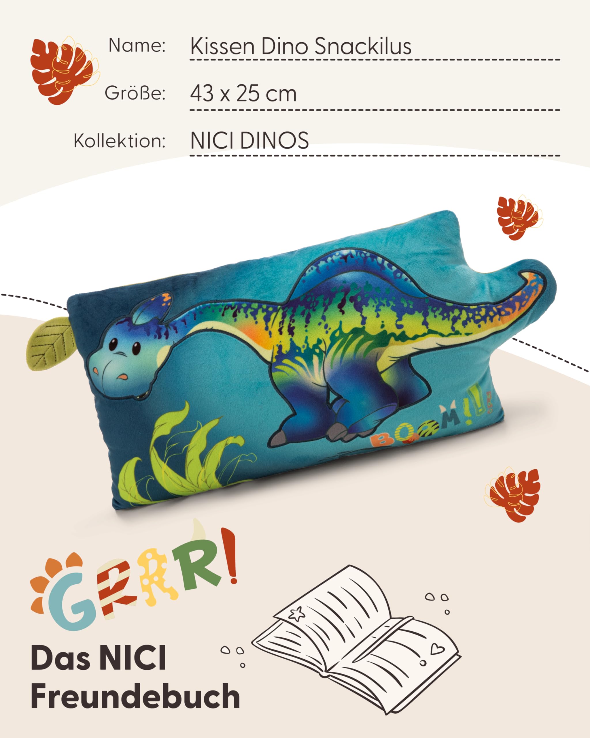 Kissen Dino Snackilus 43x25cm - blau - Flauschiges Kuscheltierkissen für Jungen, Mädchen, Babys und Kuscheltierliebhaber, ideal für Zuhause, Kindergarten oder unterwegs | 61575