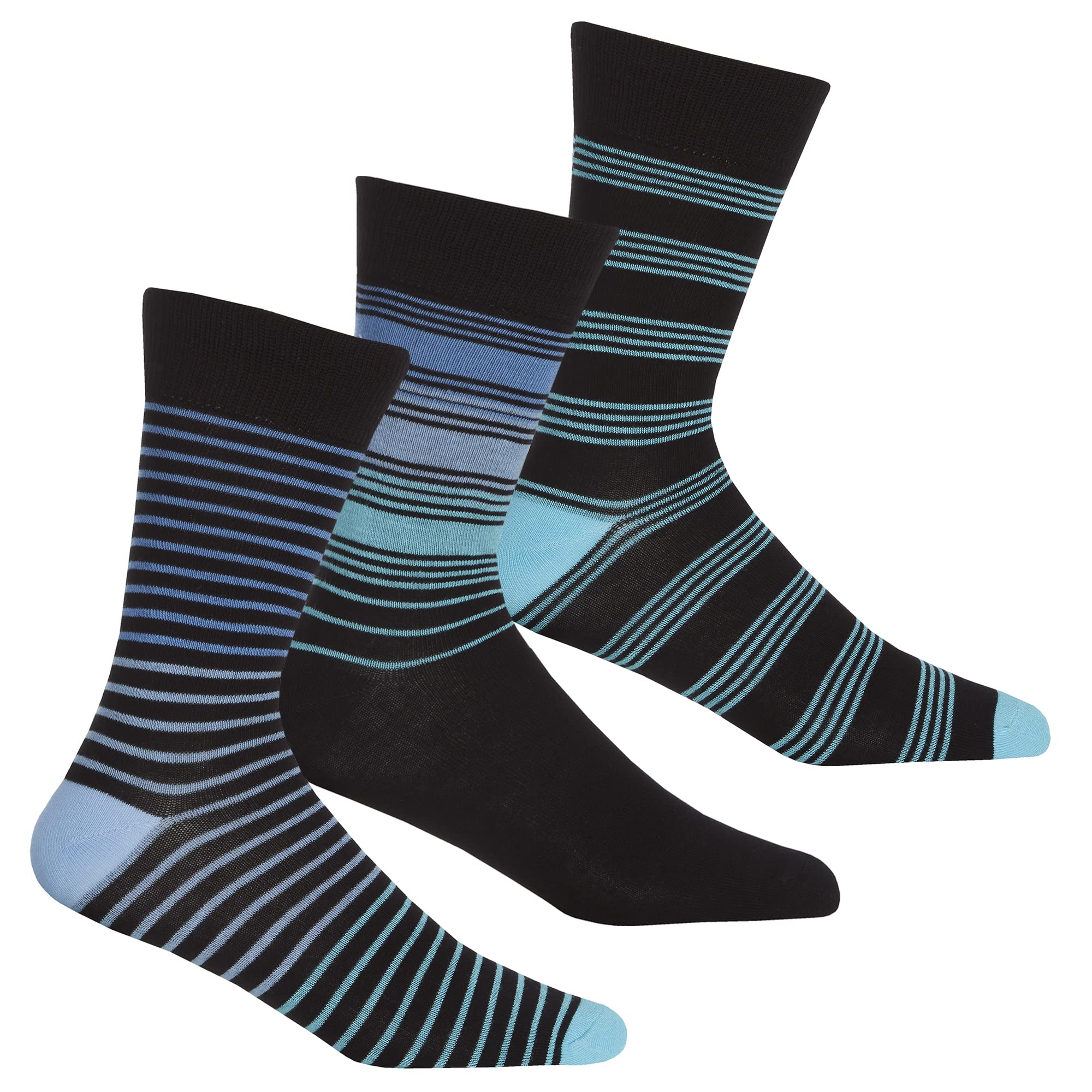 Metzuyan 3 Pairs Mens Bamboo Viscose Gentle Grip Socks Striped Design Mid Calf Size 6-11 Blue