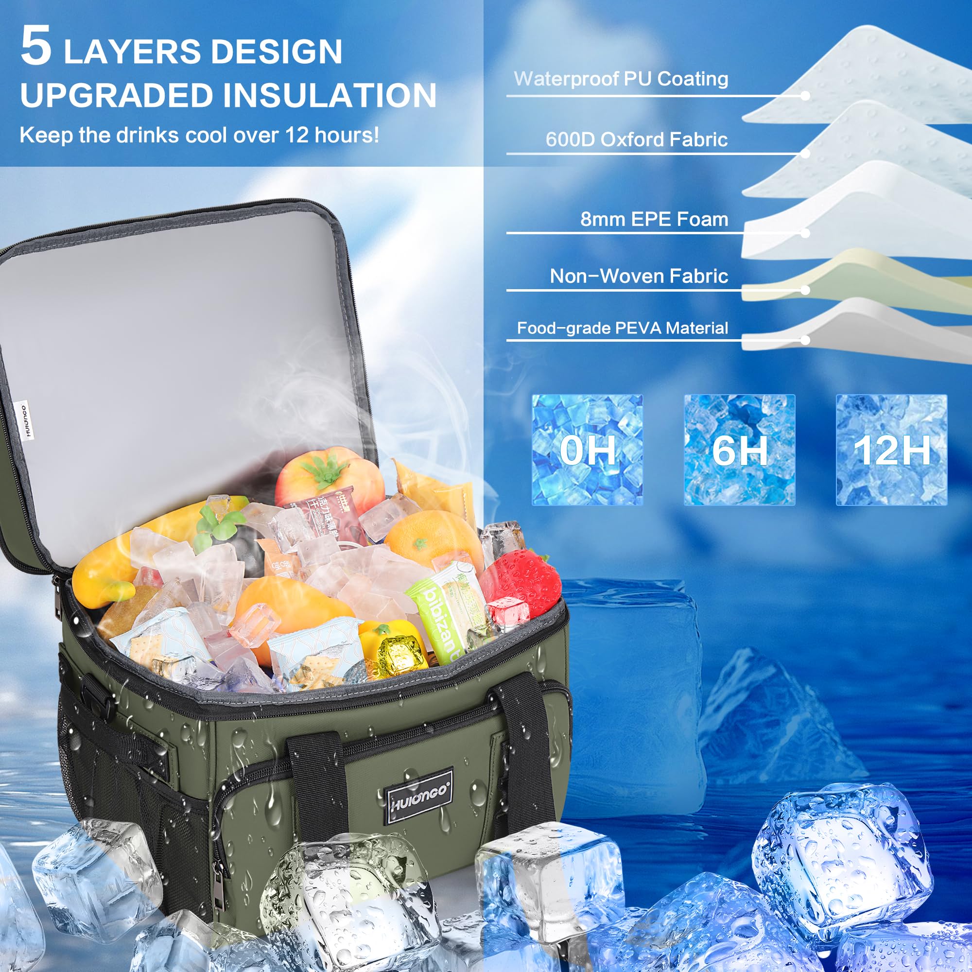 Hulongo Borsa termica per il pranzo, 20 l, 30 lattine, verde | Borsa refrigerante per ghiaccio, morbida per auto, viaggi, attività all'aperto