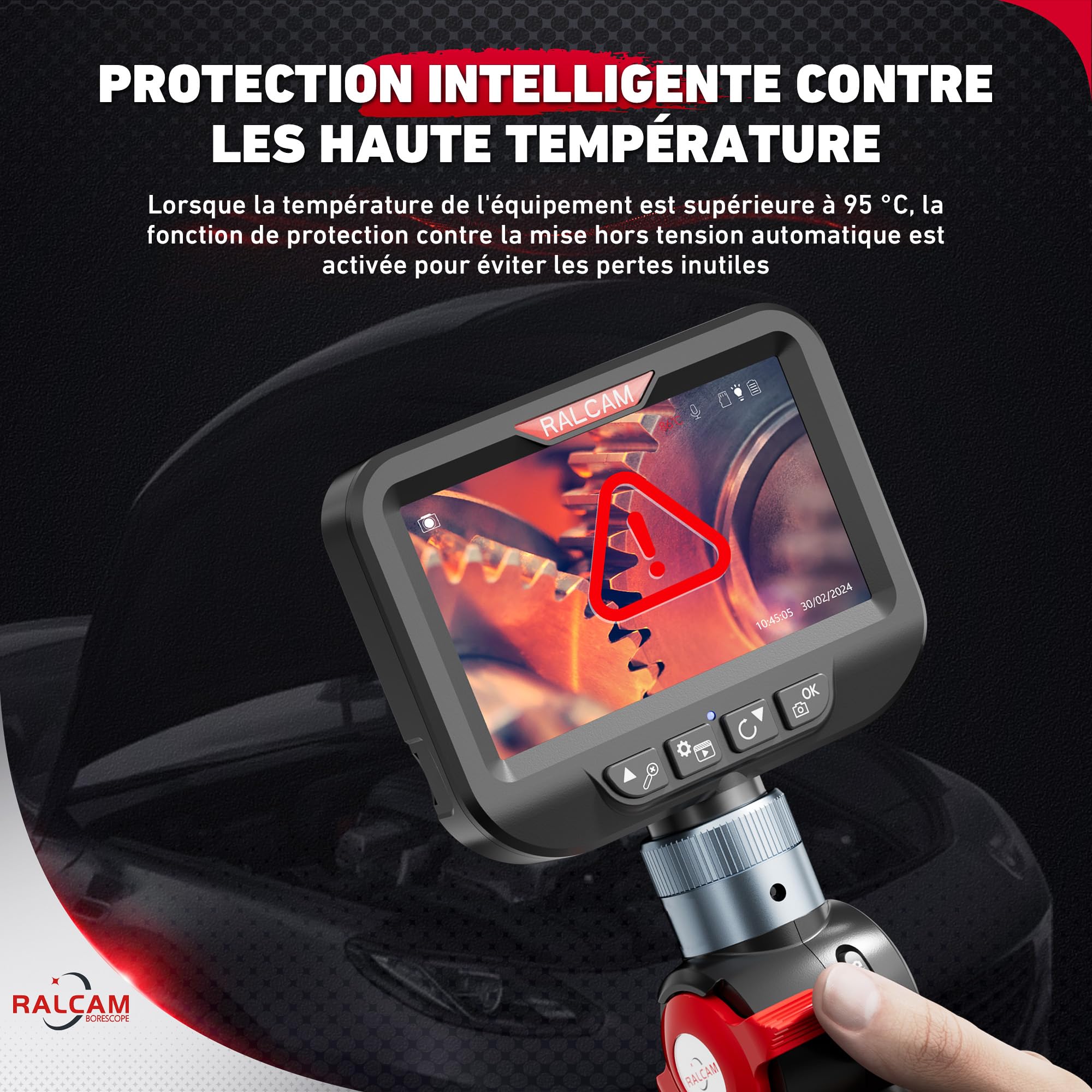 Ralcam Caméra Endoscope Industrielle 4,3" HD 1080P, 8,5mm avec 6 LED, IP67 Étanche, Endoscope Professionnel pour Tuyaux, Automobile et Maison (Sonde Flexible 1m)