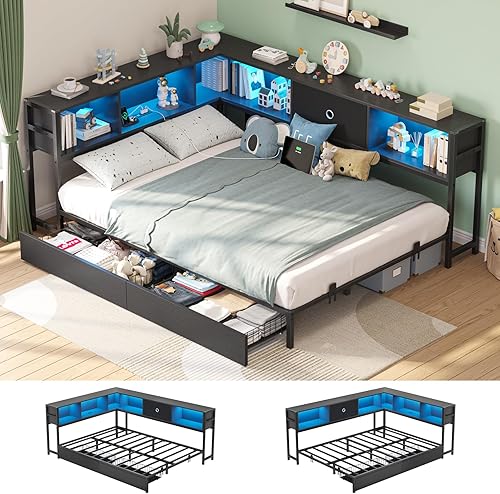 Miniatura 12 de Hasuit - Base de cama esquinera de tamaño matrimonial con cajones de almacenamiento y cabecera con estantería, plataforma de metal, estación de