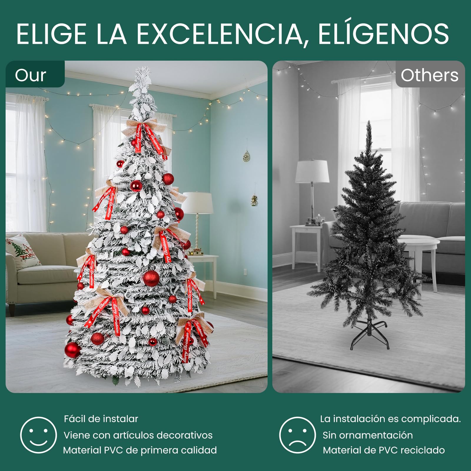 210cm Árbol de Navidad Plegable, árbol de Navidad Artificial en Blanco nevado con Adornos navideños y Lazos, Montaje fácil, decoración para Fiestas navideñas