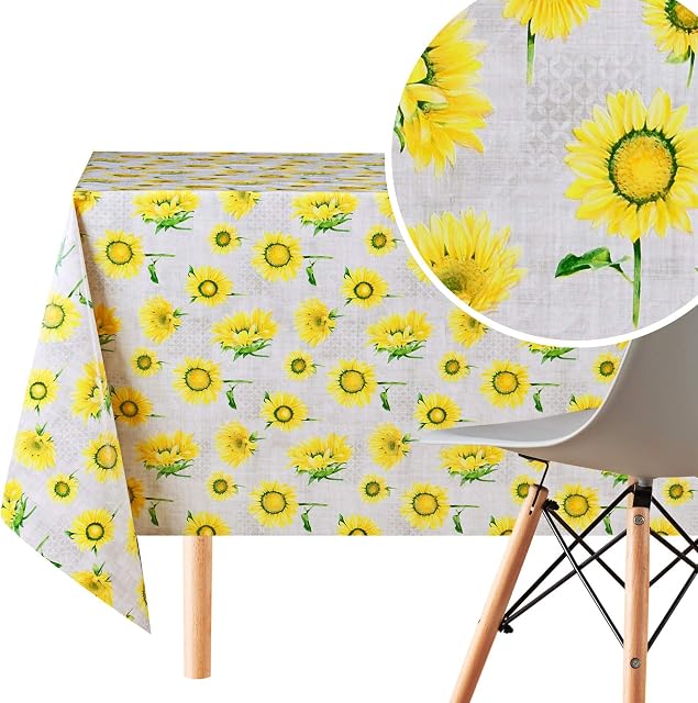 KP HOME Yellow Sunflowers Pattern PVC Table Cloth Wipe Clean Tablecloth in Country Style Rectangular 200x140 cm | 78x55in Waterproof Plastic Table Cover Vinyl Wipeable Table Cloth Grey PVC Tablecloth
