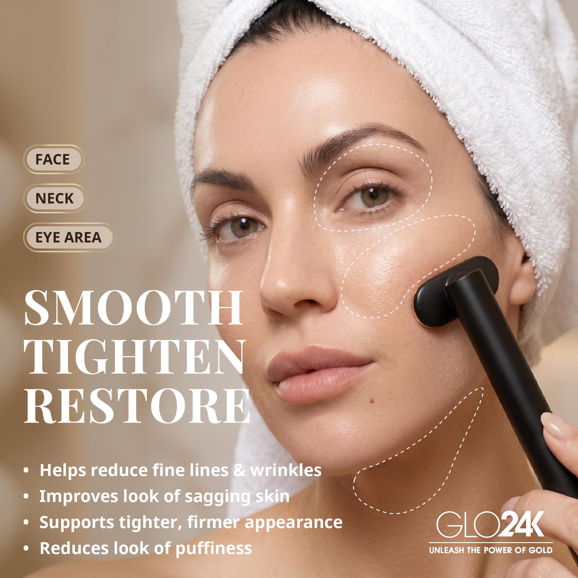 GLO24K 6-in-1 Schönheitstherapiestab für Gesicht, Augen und Hals. Basierend auf Dual-LED-Lichttherapie, thermischen, Vibrations- und Mikrostromtechnologien. Hautverjüngung