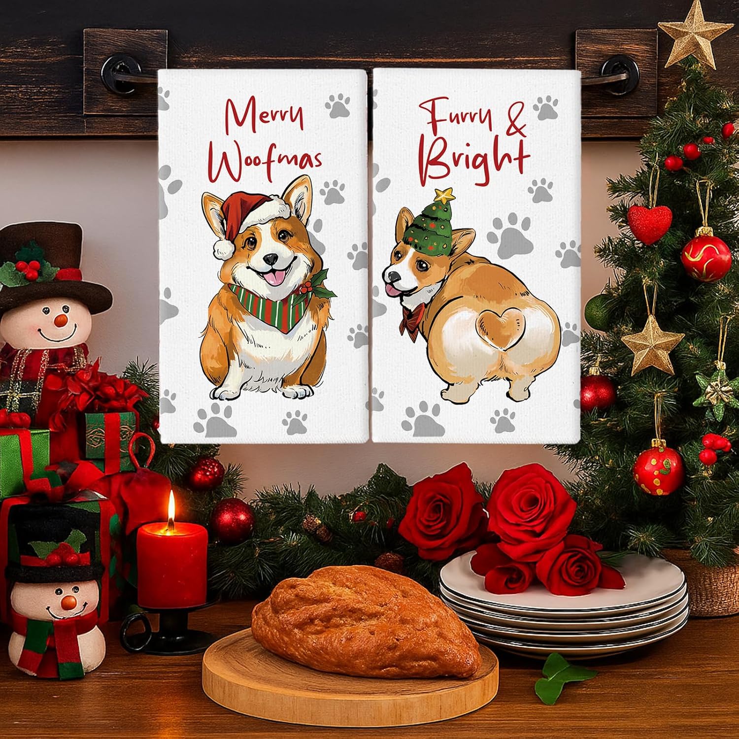 Christmas Kitchen Towels Corgi 18 x 26 Inch Set of 2 Dish Towels Hand Towels for Winter Holiday Home Indoor Bathroom Party Dining Decor Gifts - Image 2