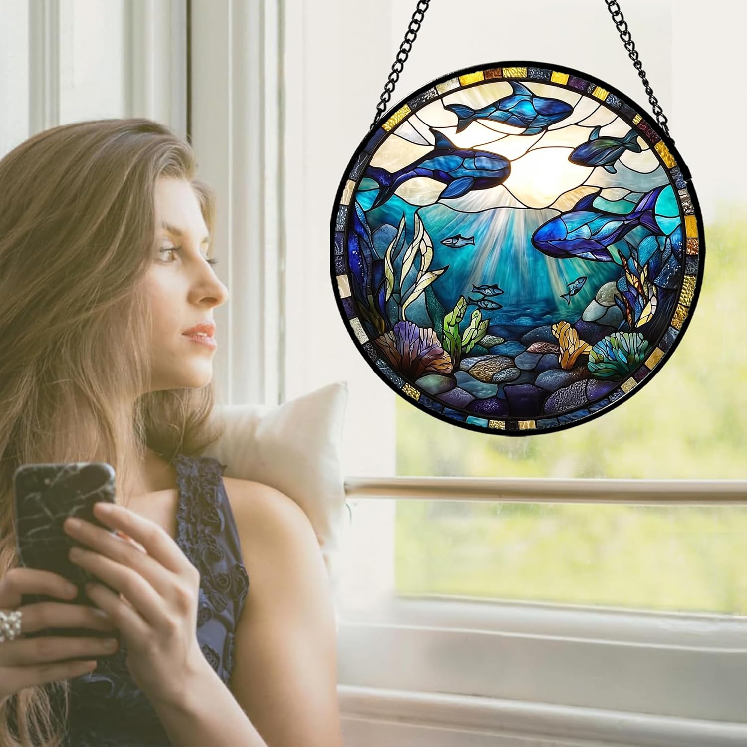 Stained Glass Window Hanging - White Sunlight Blue Whale Suncatcher for Door Terrace Garden Home Decor Underwater World Sun Catcher Birthday Gifts for Lovers Women Men Dad Mom Nana 11.8 in