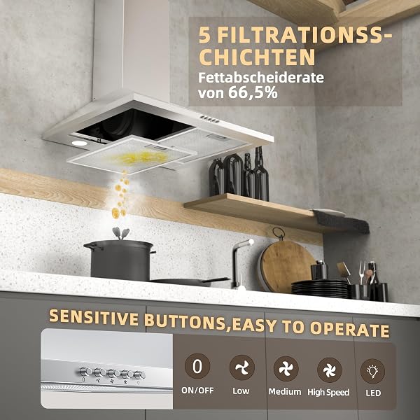 FIREGAS 60 cm Chimney Cooker Hood with Brushless Motor,Stainless Steel Extractor Hood with LED and Recirculating & Ducting System Wall Mounted Range Hood with Recirculating Carbon Filter - 4