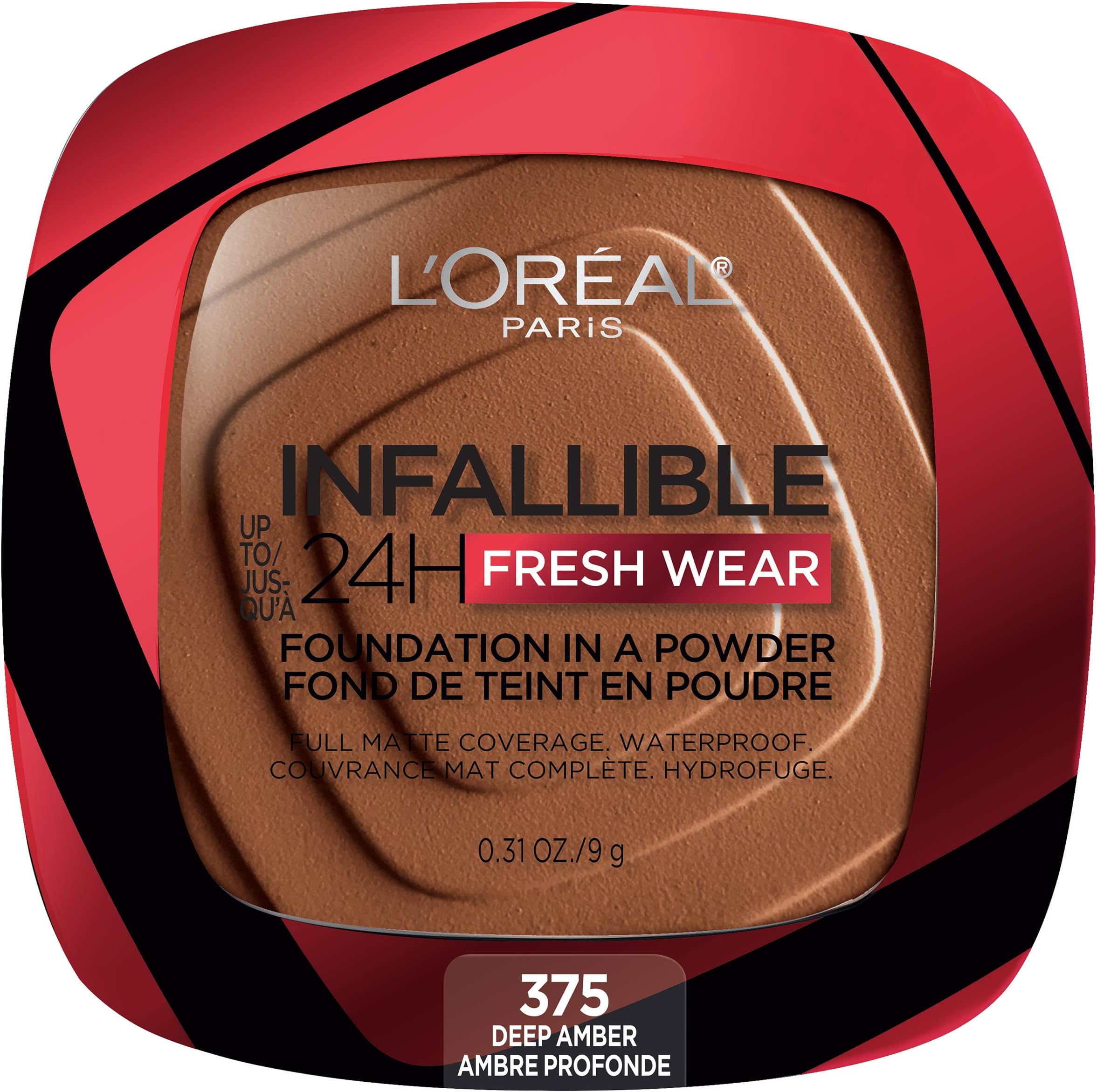 L'Oreal Paris Makeup Infallible Fresh Wear Foundation in a Powder, Up to 24H Wear, Waterproof, Deep Amber, 0.31 oz. (Packaging May Vary)