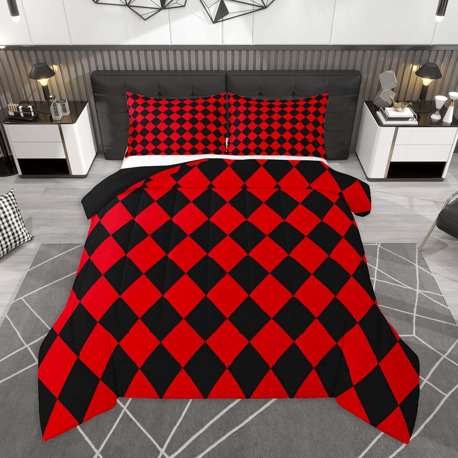 Feelyou Diamond Plaid Comforter Set All Season Buffalo Check Grid Bedding Set with 1 Pillow Cases Classic Checked Red Black Microfiber Kids Twin Bedroom Decor Duvet Quilt Breathable Soft Lightweight
