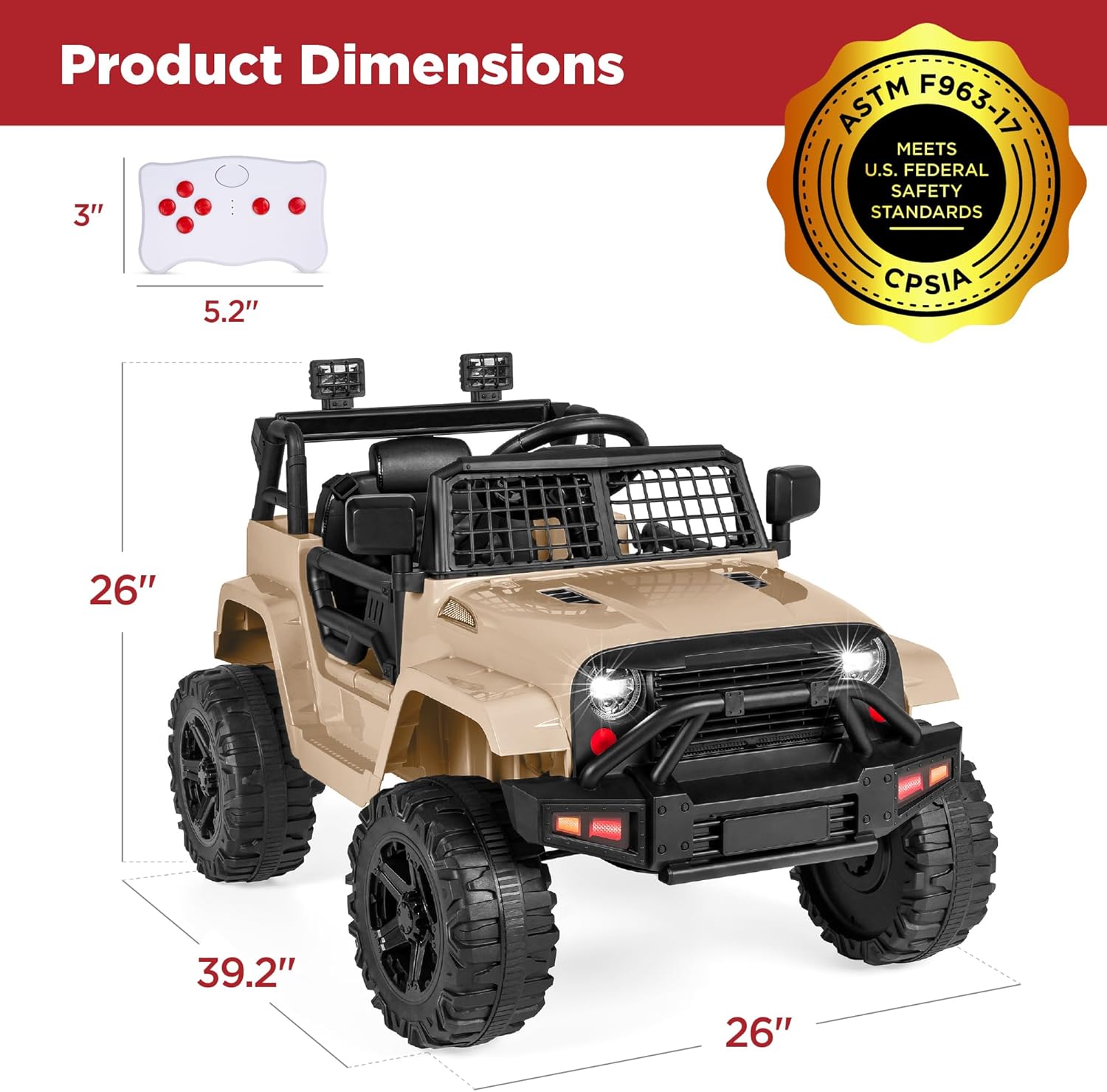 Sand 12V Kids Ride-On Truck with Remote Control and LED Lights