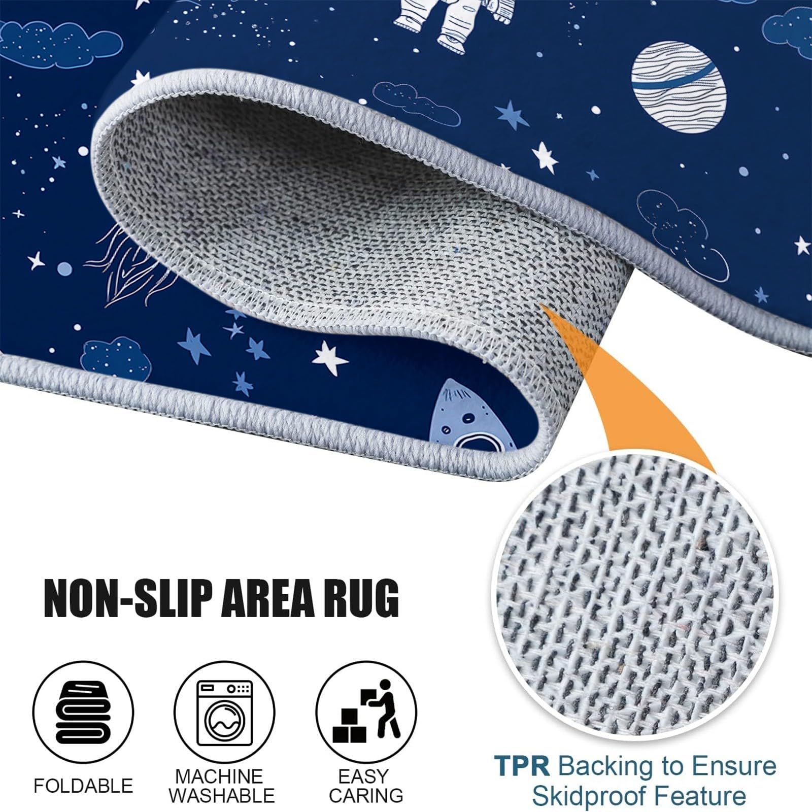 Tapis Rond Interieur 150 cm Dessin Animé Espace Fusée Astronaute, Tapis de Salon Lavable Bleu Marine - Moquette Moderne Doux Antidérapant pour Chambre à Coucher Canapé Chambre d'enfant Salle de Jeu