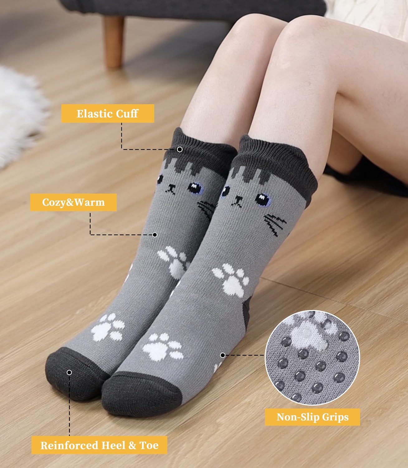 FNOVCO Cat Socks Fuzzy Slipper Socks for Women with Grippers, Cozy Warm Sherpa Lined Slipper Socks - Image 2