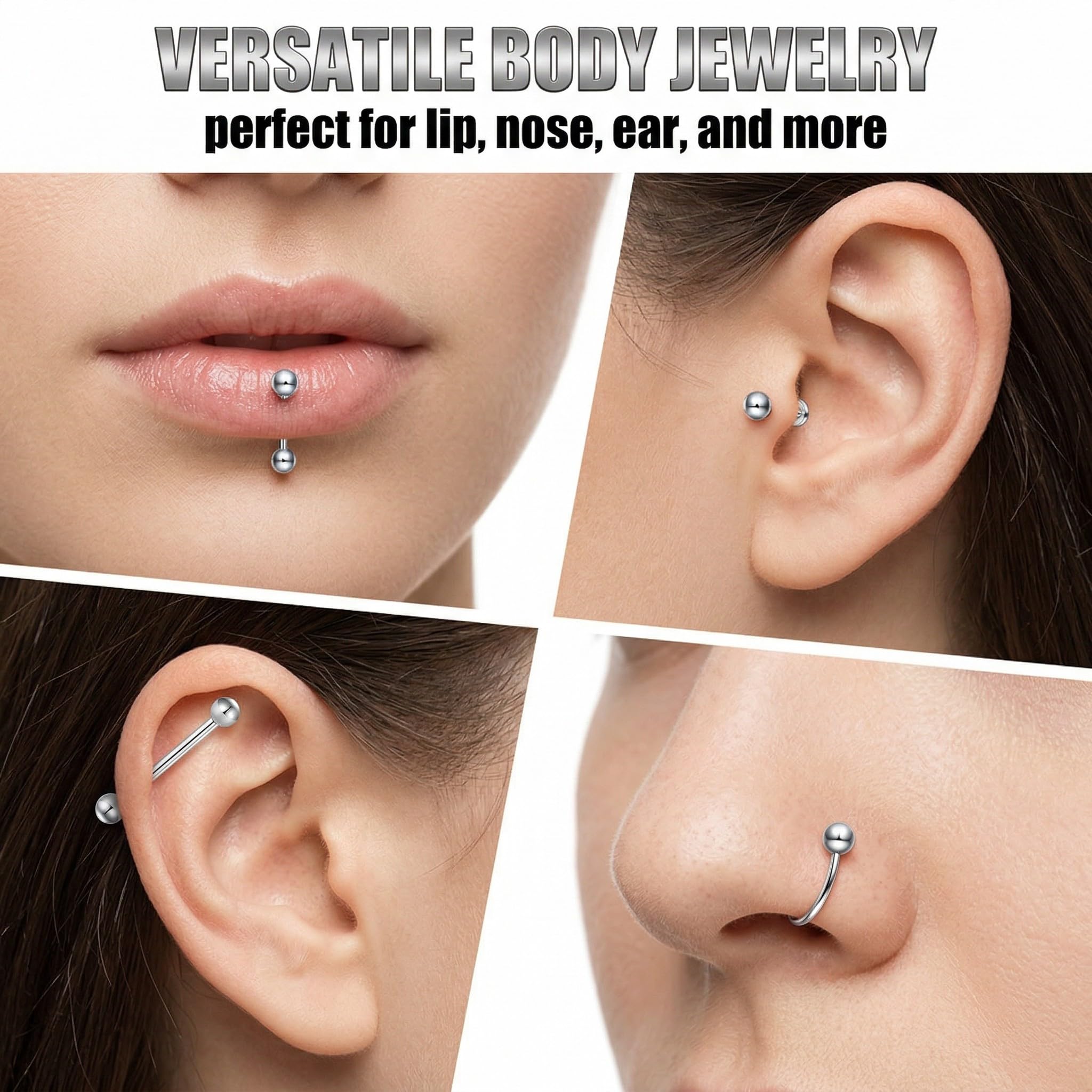 MUNZE 10 Unidades Piercing Tragus Hombre Plata 16G - Acero Quirúrgico Labret Helix Anillo 4-12Mm Bolas 3Mm — view 3