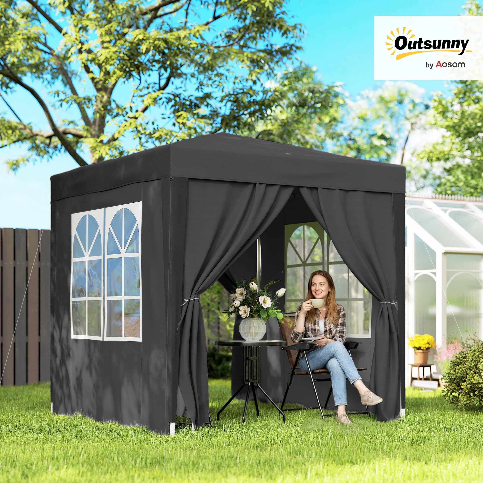 Outsunny Tonnelle de Jardin Pliante Pop-up 2 x 2 m, Protection UV, Cadre en Acier, 4 côtés Amovibles, Noir