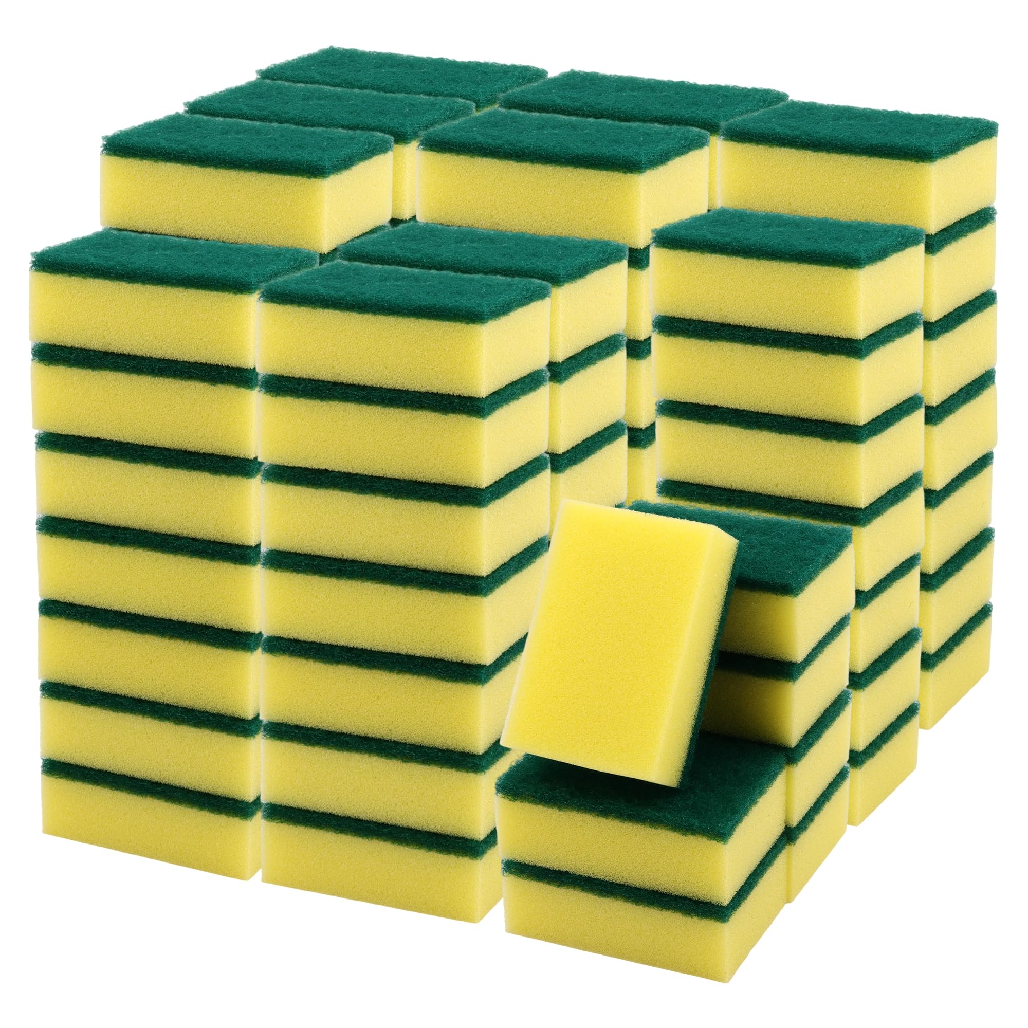 SEUNMUK Confezione da 100 spugne per la pulizia della cucina, 9 × 6 × 3 cm, spugne a doppio lato per piatti, padelle e pentole, spugne per uso domestico, giallo e verde