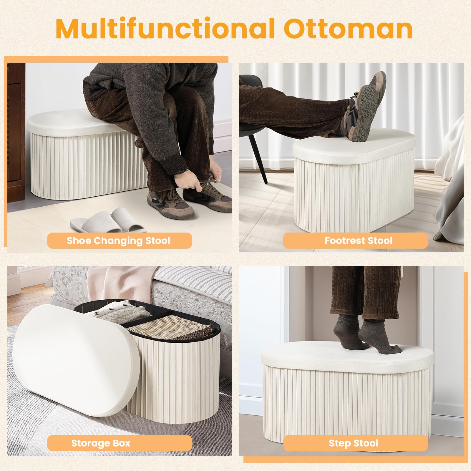 WOLTU Panca Contenitore, Cassapanca Contenitore Interno 76L, Poggiapiedi da Divano Pieghevole, Coperchio Rimovibile, per Soggiorno, Camera da Letto, 76x38x38cm, Crema