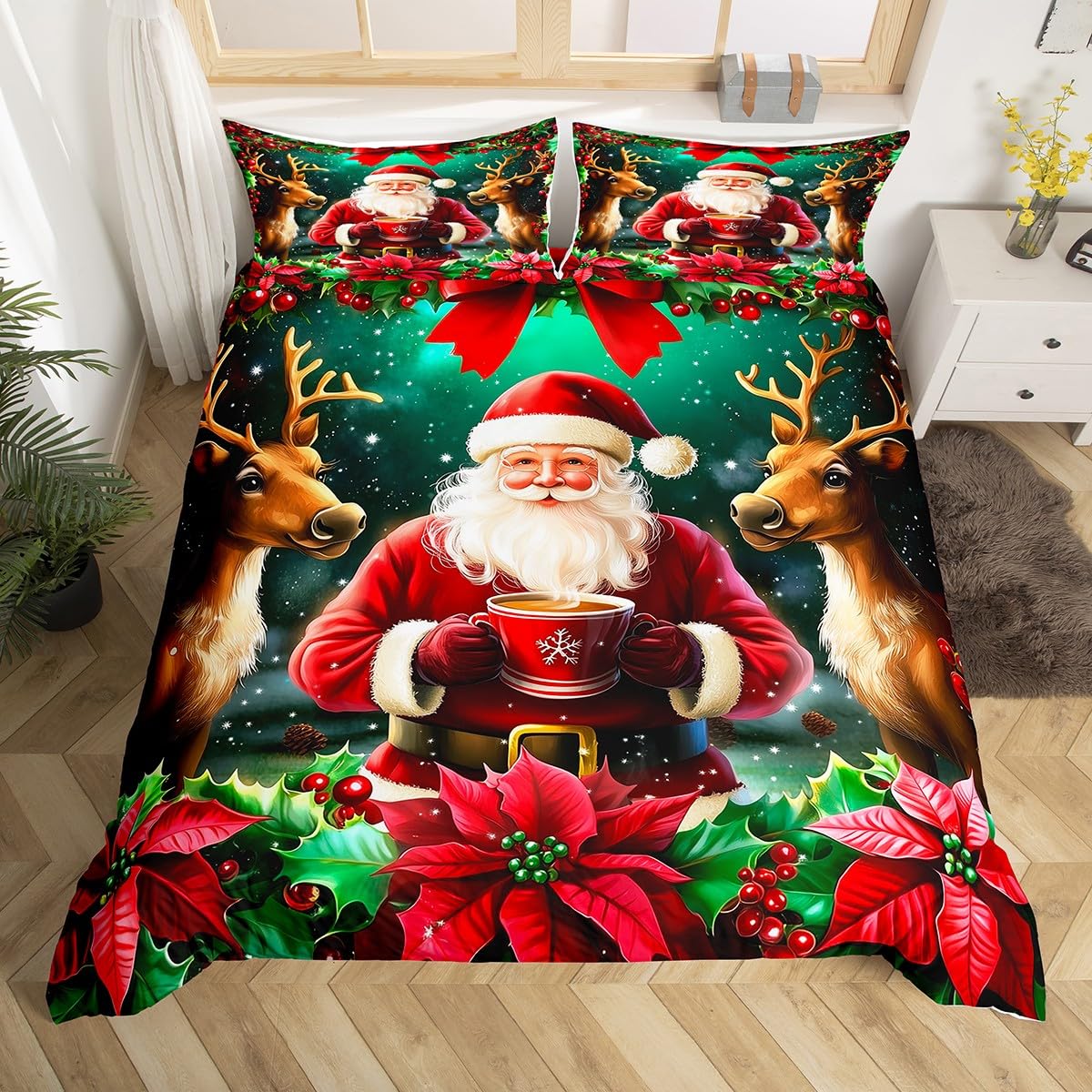 Homewish Czerwony Święty Mikołaj zestaw pościeli kreskówka czerwona świąteczna poszewka na kołdrę Super King, renifer łoś Boże Narodzenie dekoracja poszewka na kołdrę dla dzieci chłopców dziewcząt