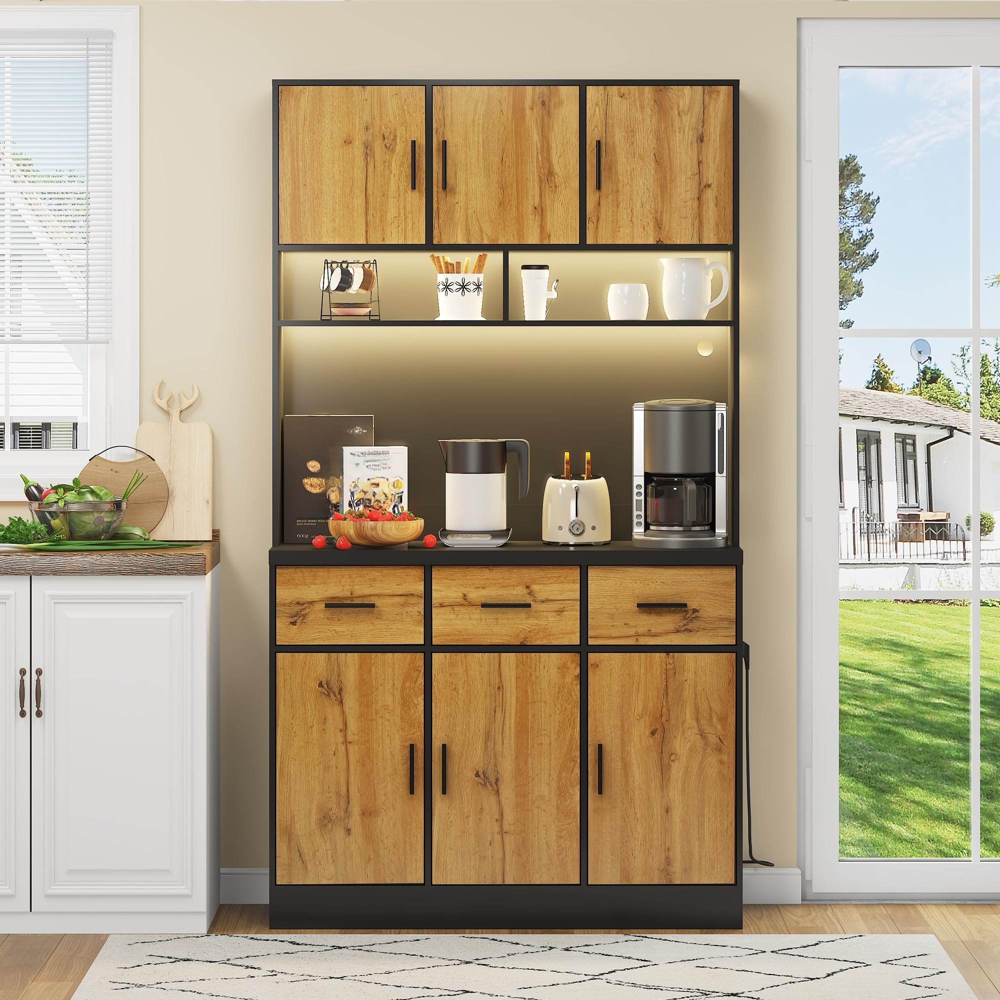LAKFEW Alacena de Cocina con Enchufe y Iluminación LED, Armario Cocina con 6 Puertas y 3 Cajones, Alacena Cocina con Estantes Ajustables y Dispositivo Antivuelco, 100x40x180 cm, Negro+Natural