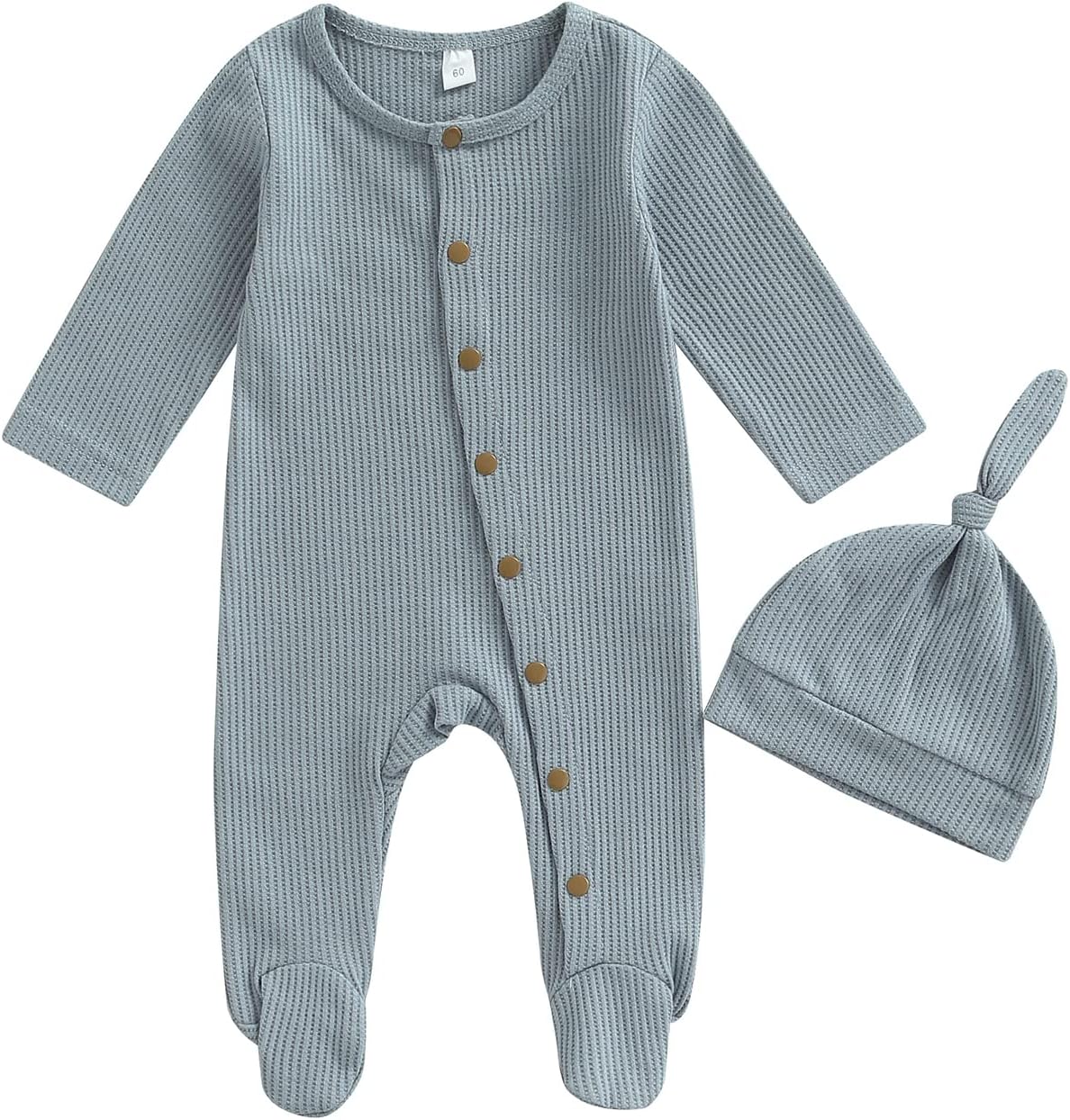 Newborn Infant Baby Boy Girl Fall Winter Clothes Long Sleeve Button Waffle Knit Footed Romper Hat 2Pcs Outfit Newborn Infant Baby Boy Girl Fall Winter Clothes Long Sleeve Button Waffle Knit Footed Romper Hat 2Pcs Outfit